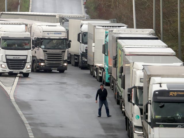 <p>A driver views the queue of lorries on the M20 as trucks wait to enter the Eurotunnel site in Folkestone, Kent, due to heavy freight traffic</p>