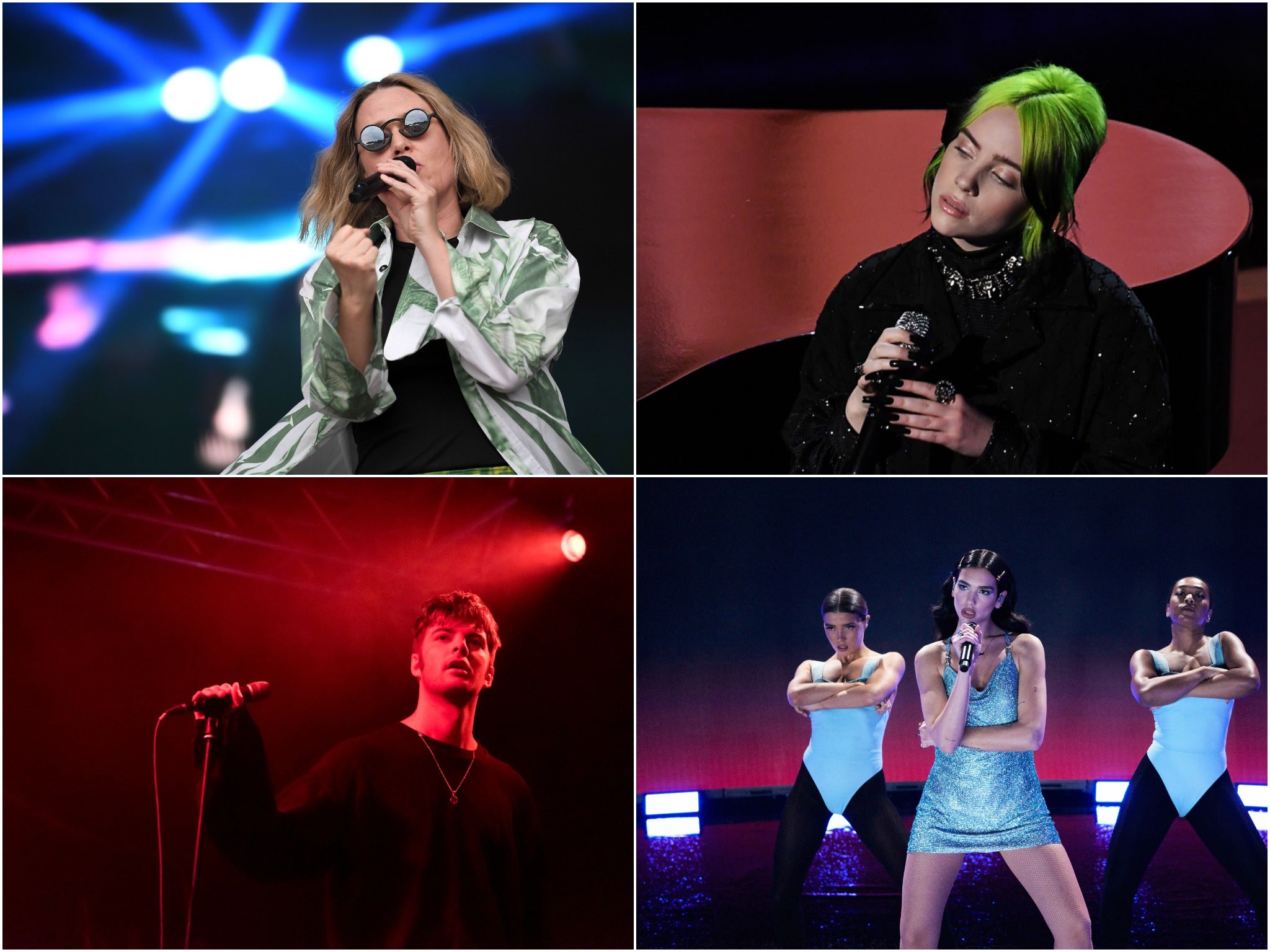 Clockwise from top left: Róisín Murphy, Billie Eilish, Fontaines DC and Dua Lipa