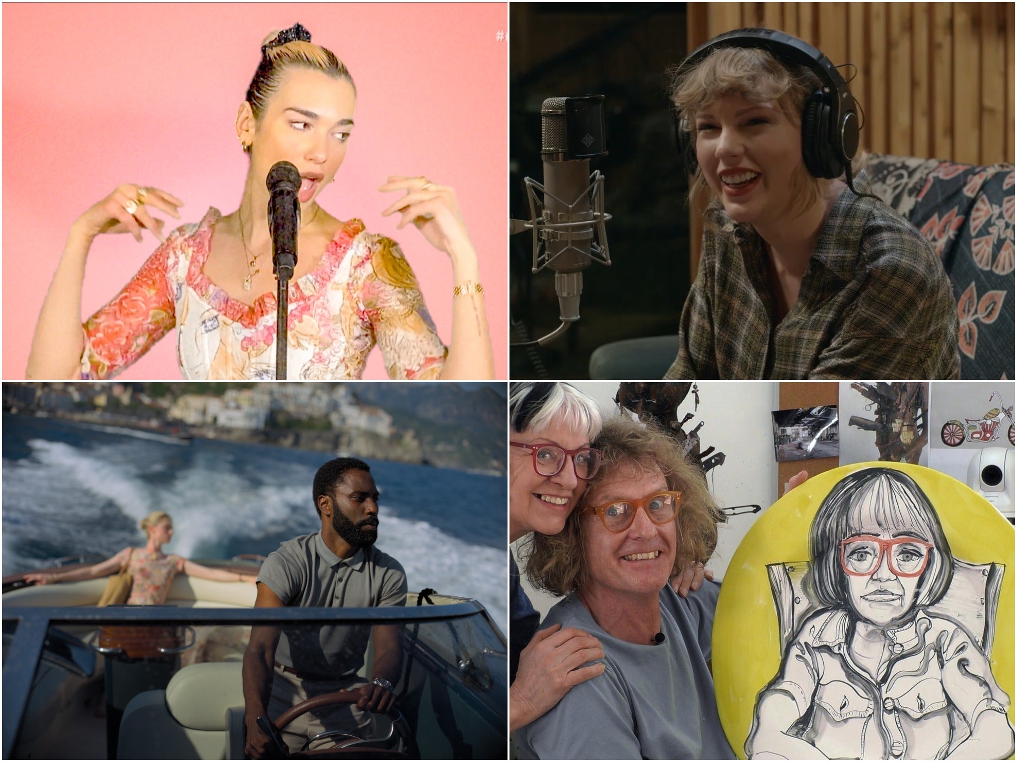 Clockwise from top left: Dua Lipa, Taylor Swift, Grayson’s Art Club and Tenet