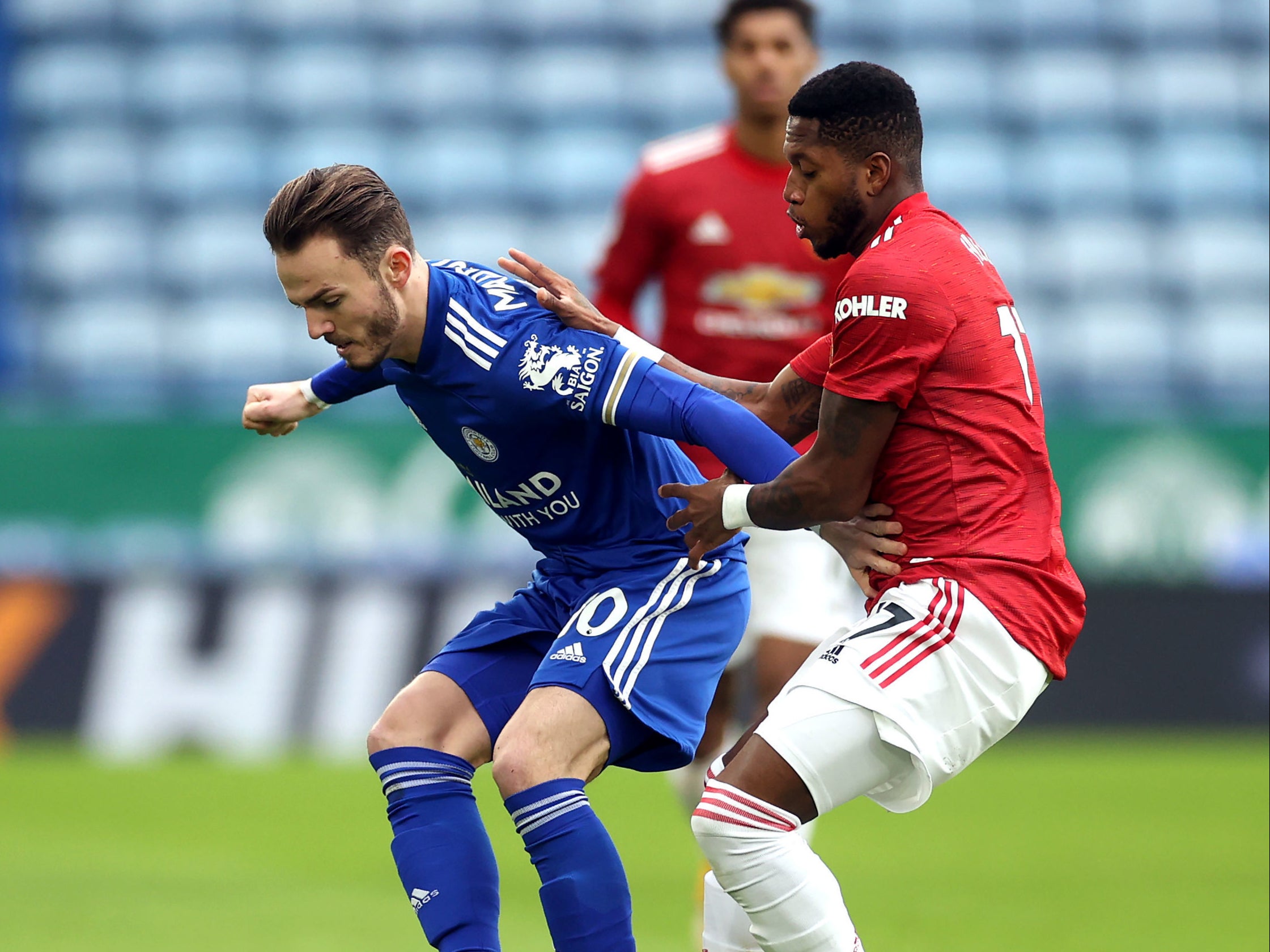 James Maddison battles with Fred during Leicester vs Manchester United