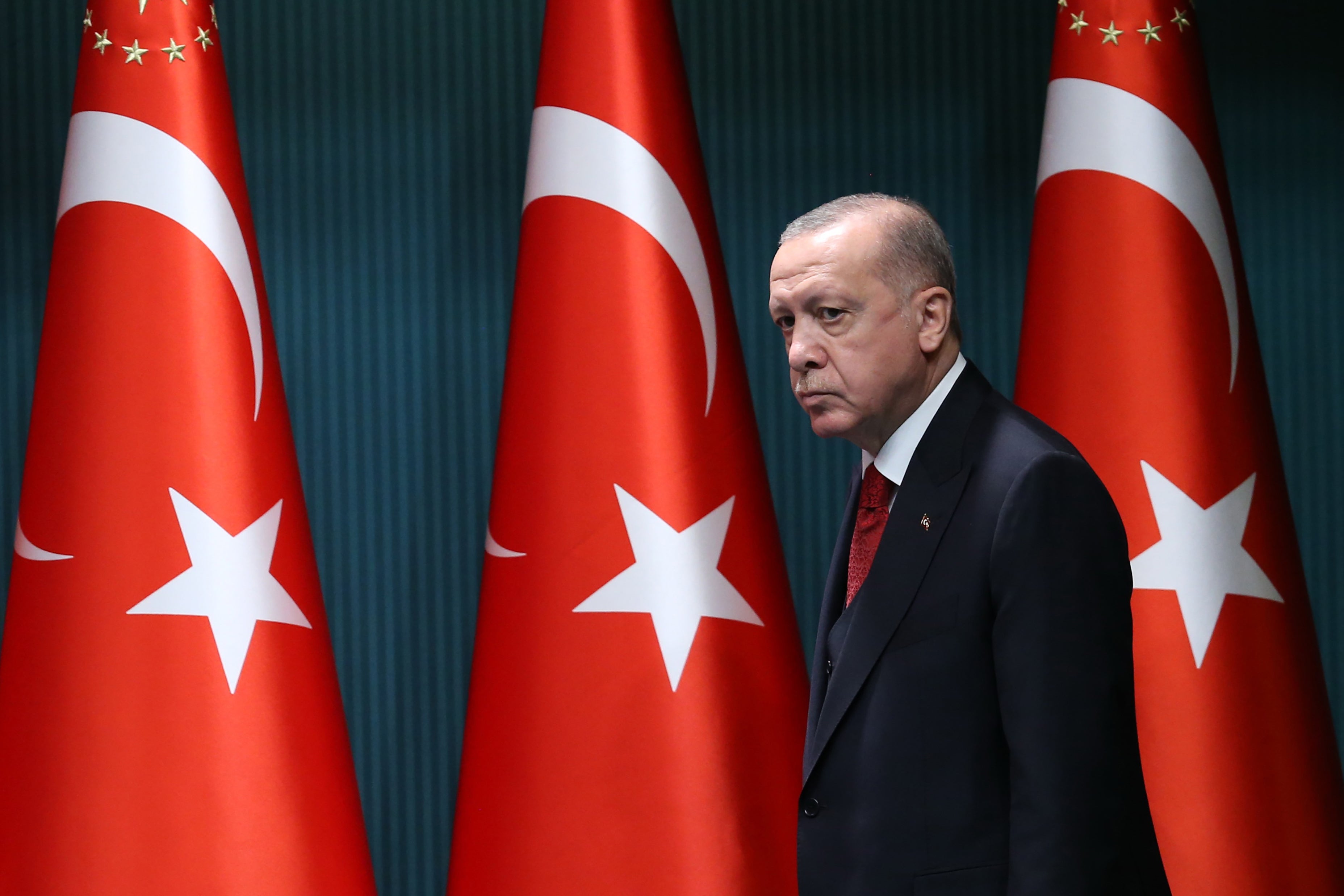 President of Turkey, Recep Tayyip Erdogan, arrives to give a press conference after the cabinet meeting at the Presidential Complex in Ankara, Turkey, on September 21, 2020.