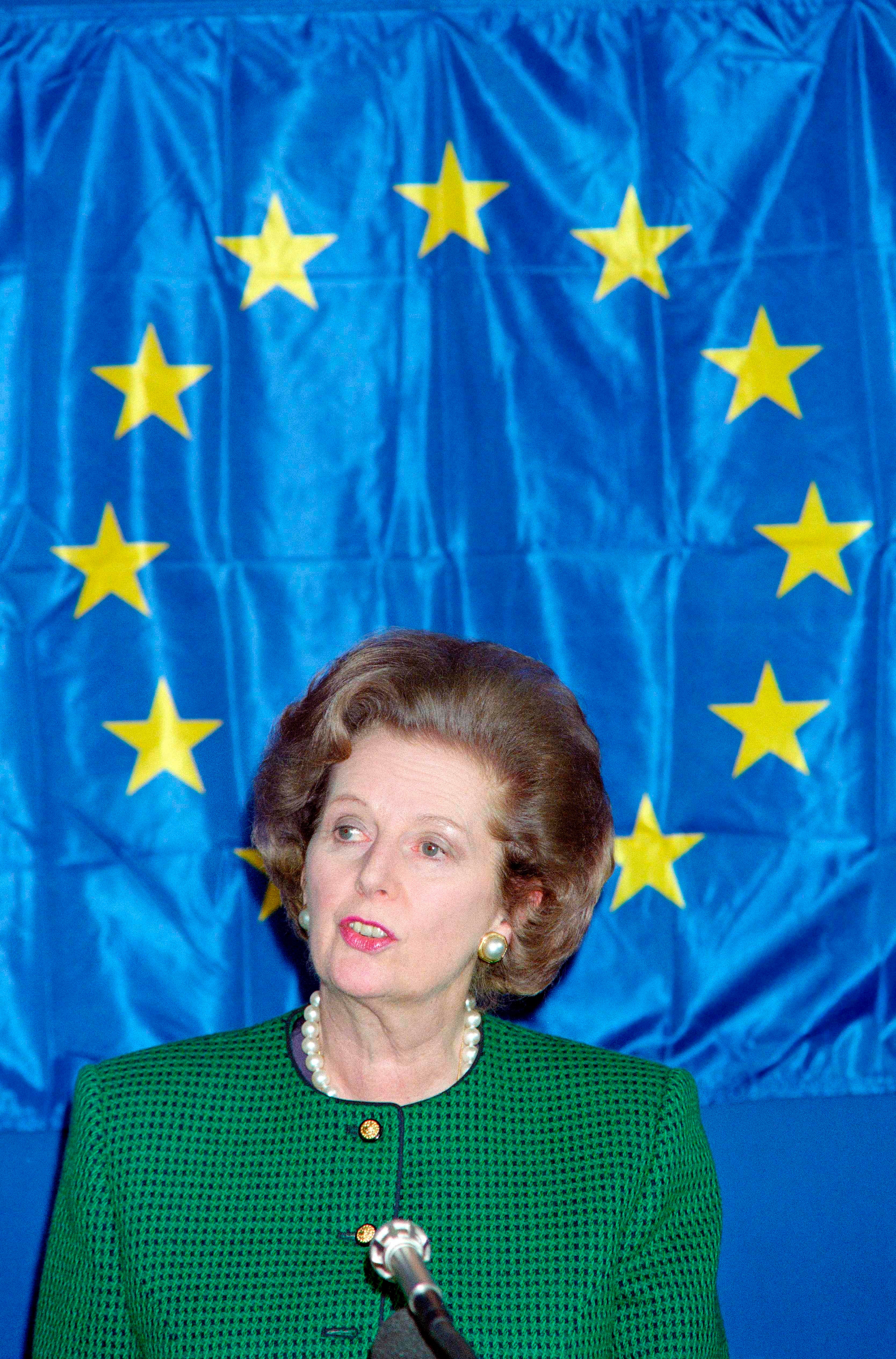 The then UK prime minister delivers a press conference in Strasbourg after a European Economic Community (EEC) summit in December 1989