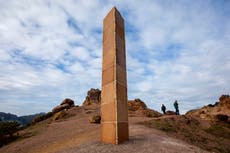 Gingerbread monolith held together with icing and gumdrops appears in San Francisco