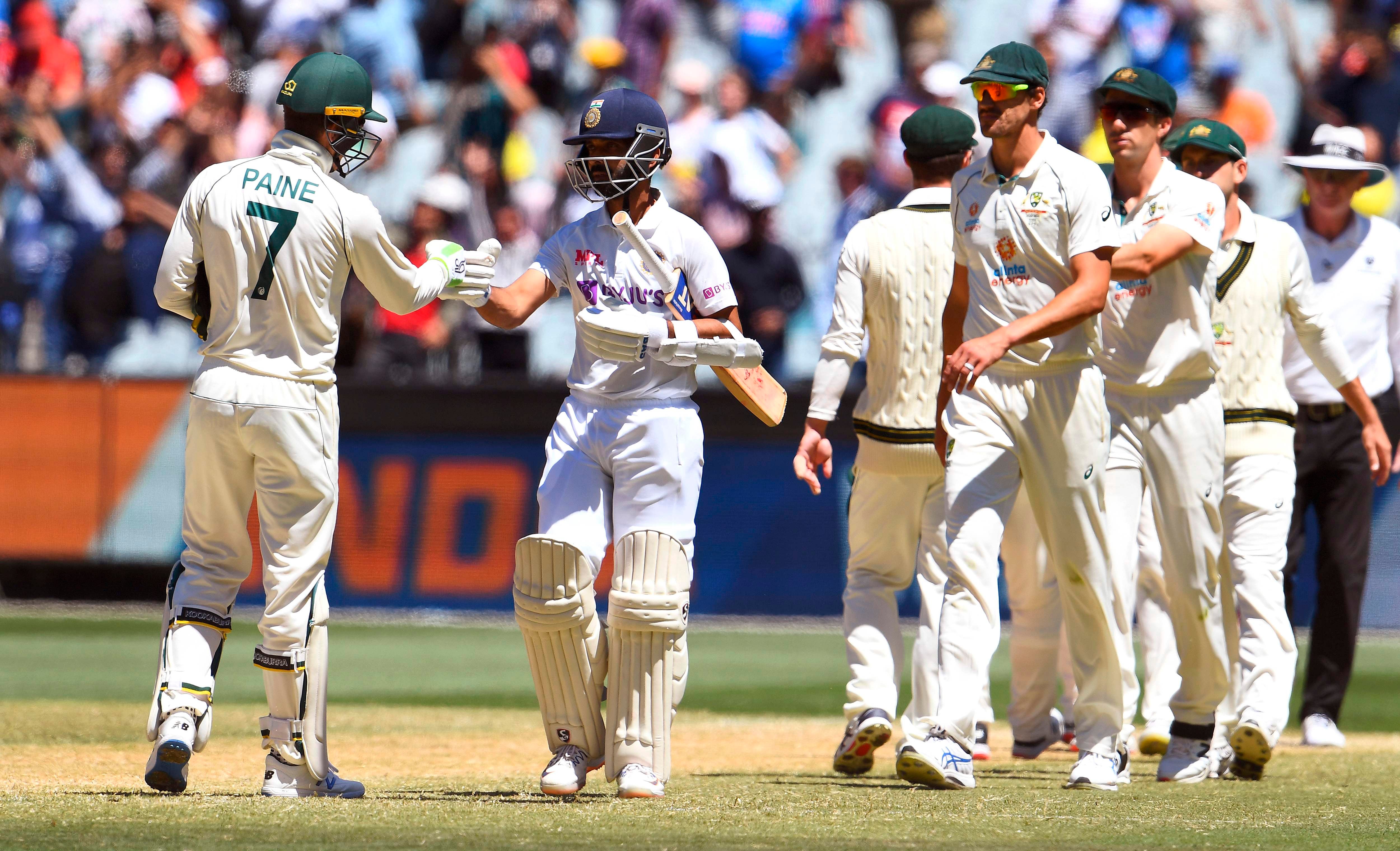 India captain Ajinkya Rahane is congratulated by Australia skipper Tim Paine at the end of the second Test