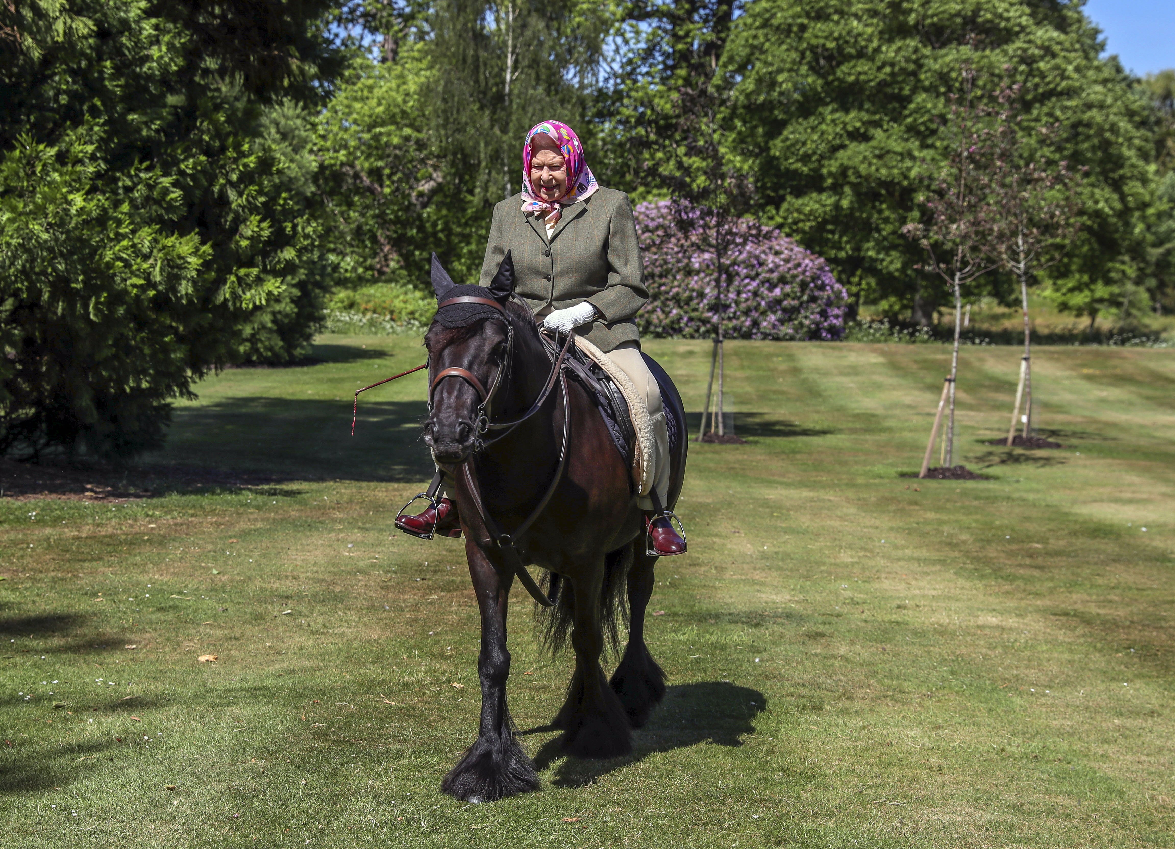 Her Majesty riding a horse at Windsor