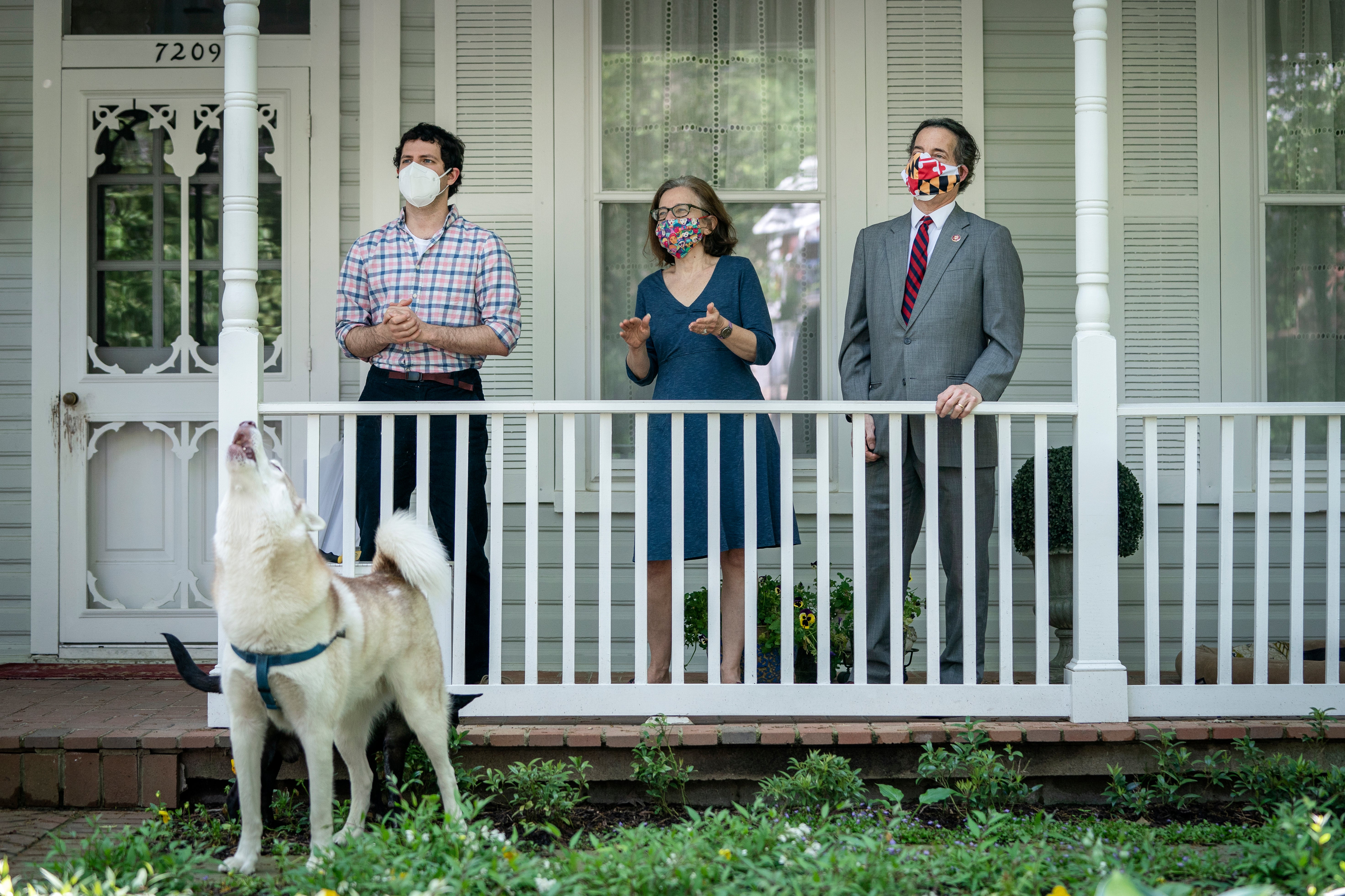 (L-R) Thomas Raskin, Sarah Bloom Raskin and US Rep Jamie Raskin at their home in Takoma Park, Maryland, on May 4, 2020&nbsp;