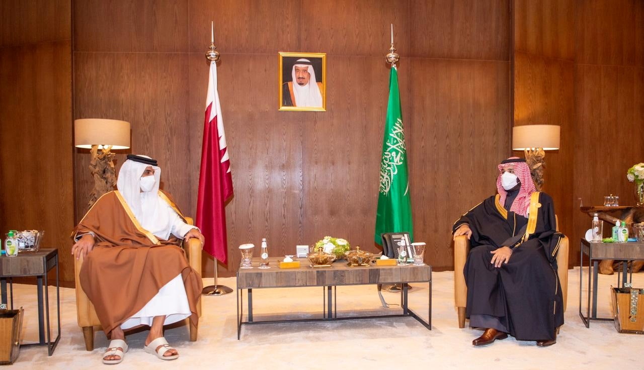 Saudi Arabia’s crown prince Mohammed bin Salman meets Qatar’s emir sheikh Tamim bin Hamad al-Thani during the Gulf Cooperation Council’s (GCC) 41st Summit in Al-Ula, Saudi Arabia