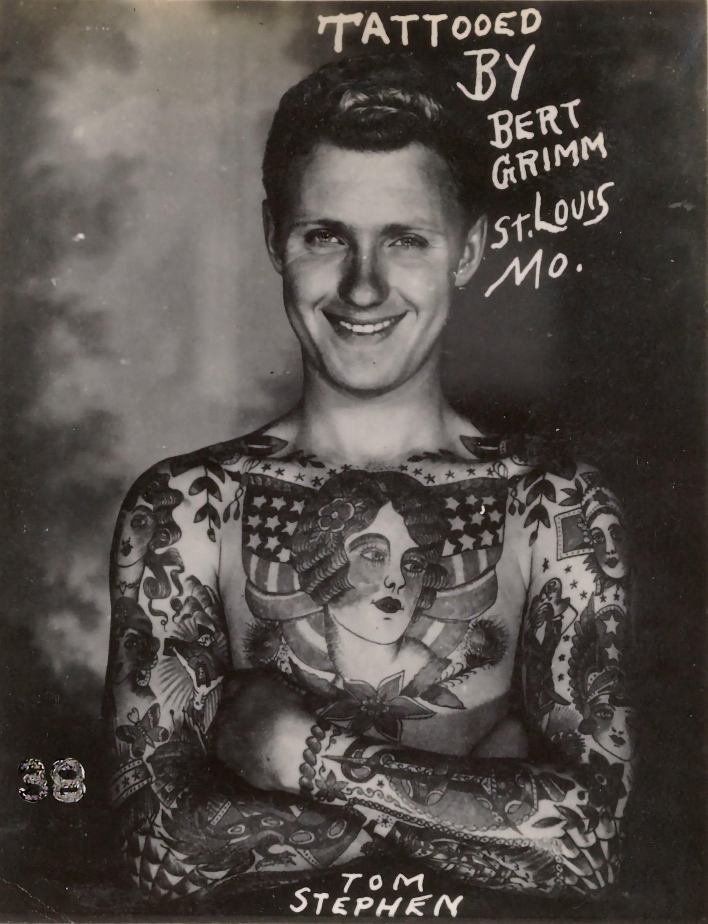 Tommy Stephens with tattoos by the legendary American tattoo artist Bert Grimm, ca. 1940s. Grimm was a master and a huge influence on Western tattooing.