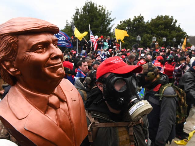 <p>A rioter wears a gas mask and holds a bust of him after he and hundreds of others stormed stormed the Capitol building on 6 January, 2021.</p>