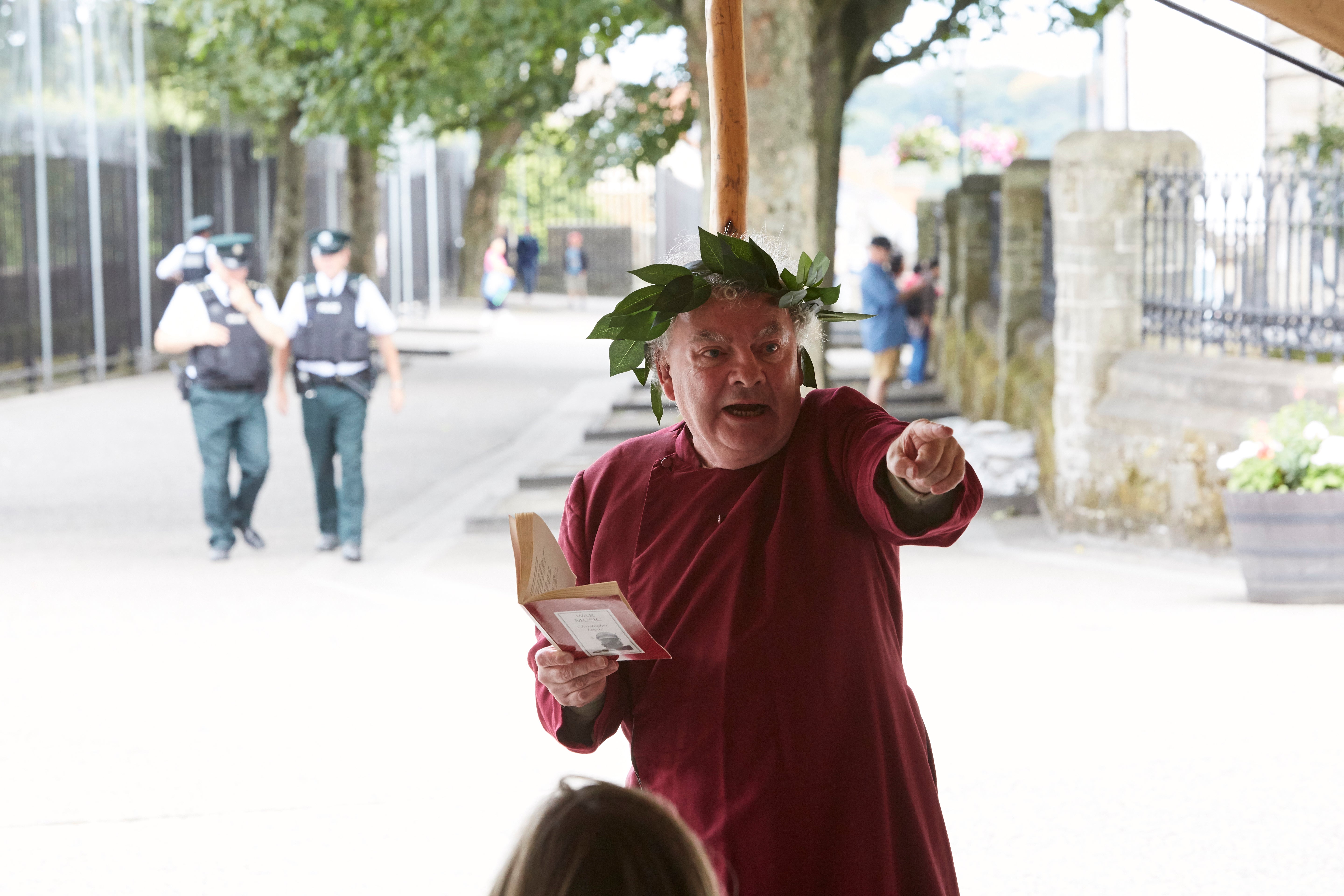 Actor Niall Cusack in the reading of Homer's ‘Iliad’ on the Derry Walls during the 2019 Apprentice Boys marching weekend