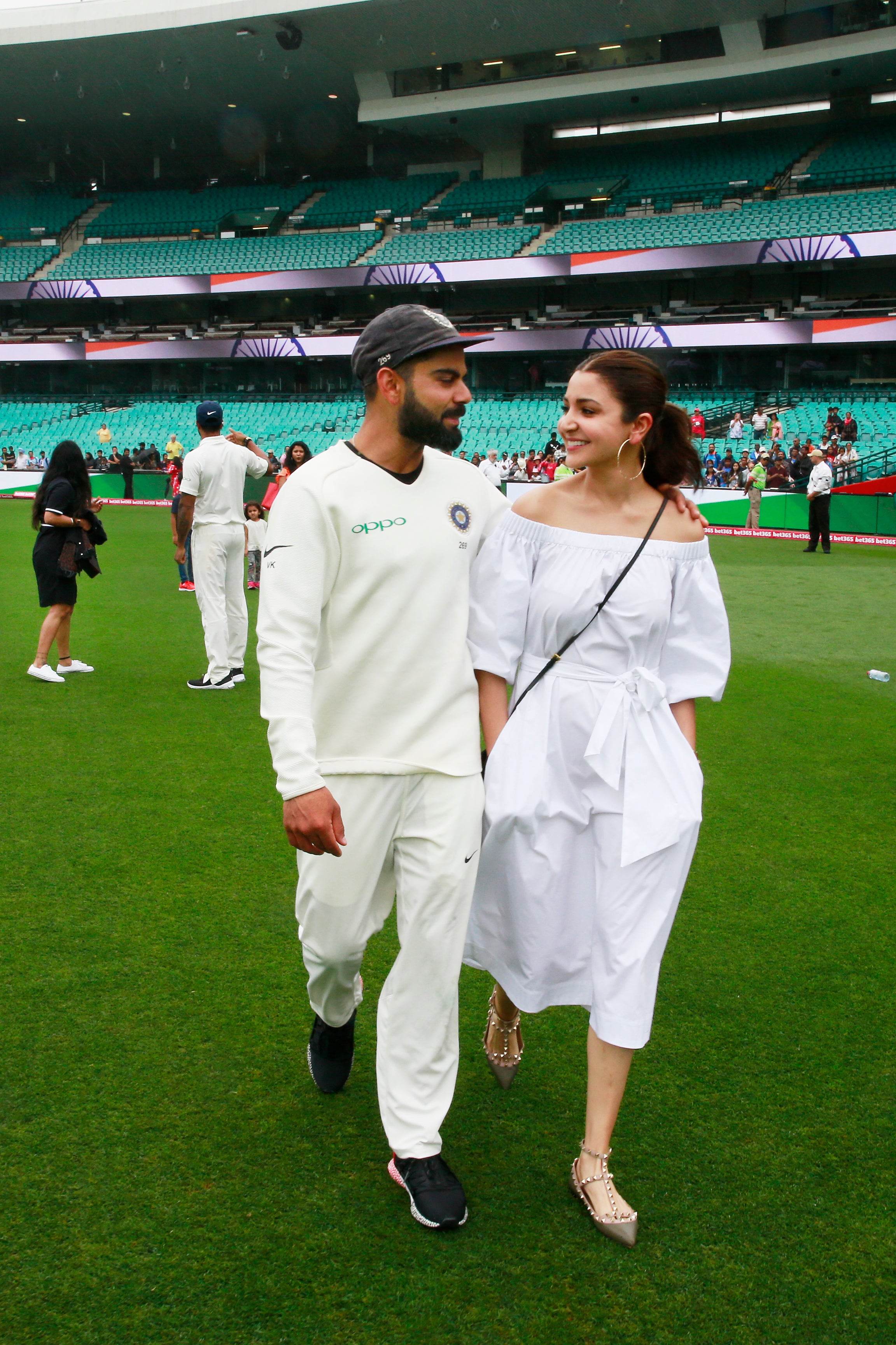 Indian Cricket Captain Virat Kohli and his wife Anushka Sharma after winning the series and the Border–Gavaskar Trophy during day five of the Fourth Test match in the series between Australia and India at Sydney Cricket Ground on 7 January 2019