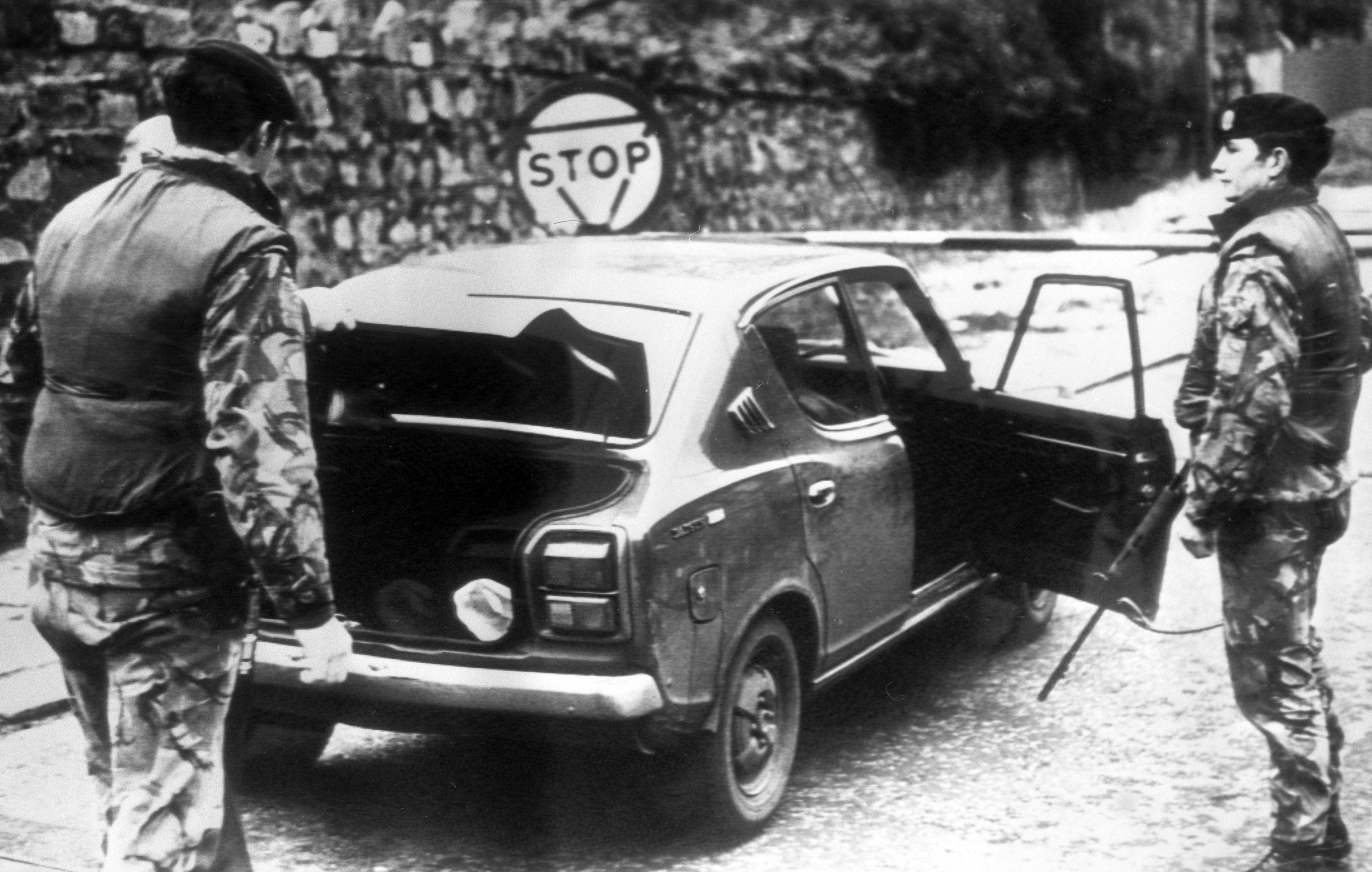 British troops searching a car at the south Armagh border in 1976