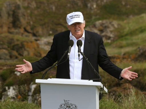 Donald Trump speaks at Turnberry golf course in June 2016, a year after he bought it.&nbsp;