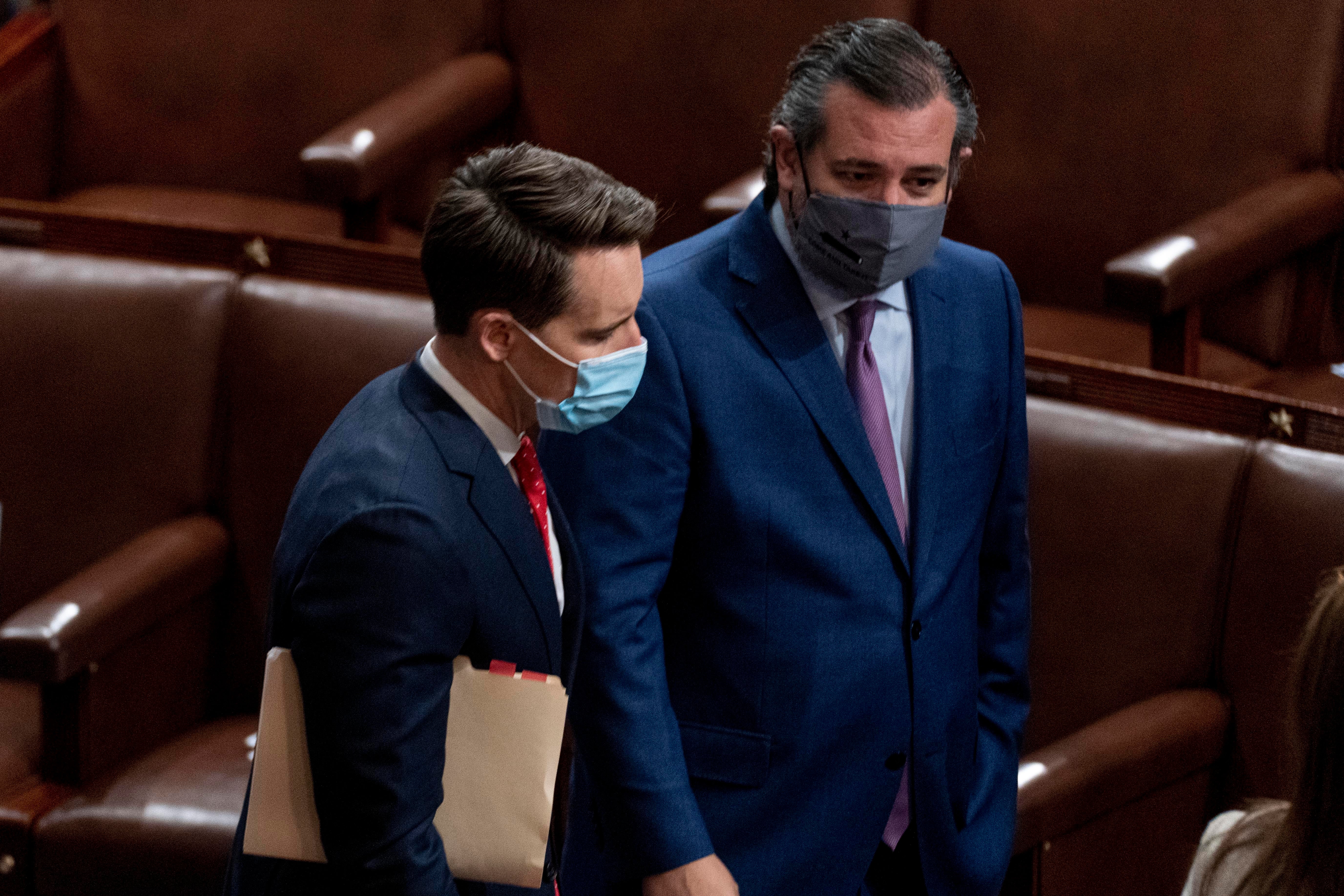 <p>Senators Josh Hawley (left) and Ted Cruz speak after Republicans objected to certifying the Electoral College votes from Arizona</p>