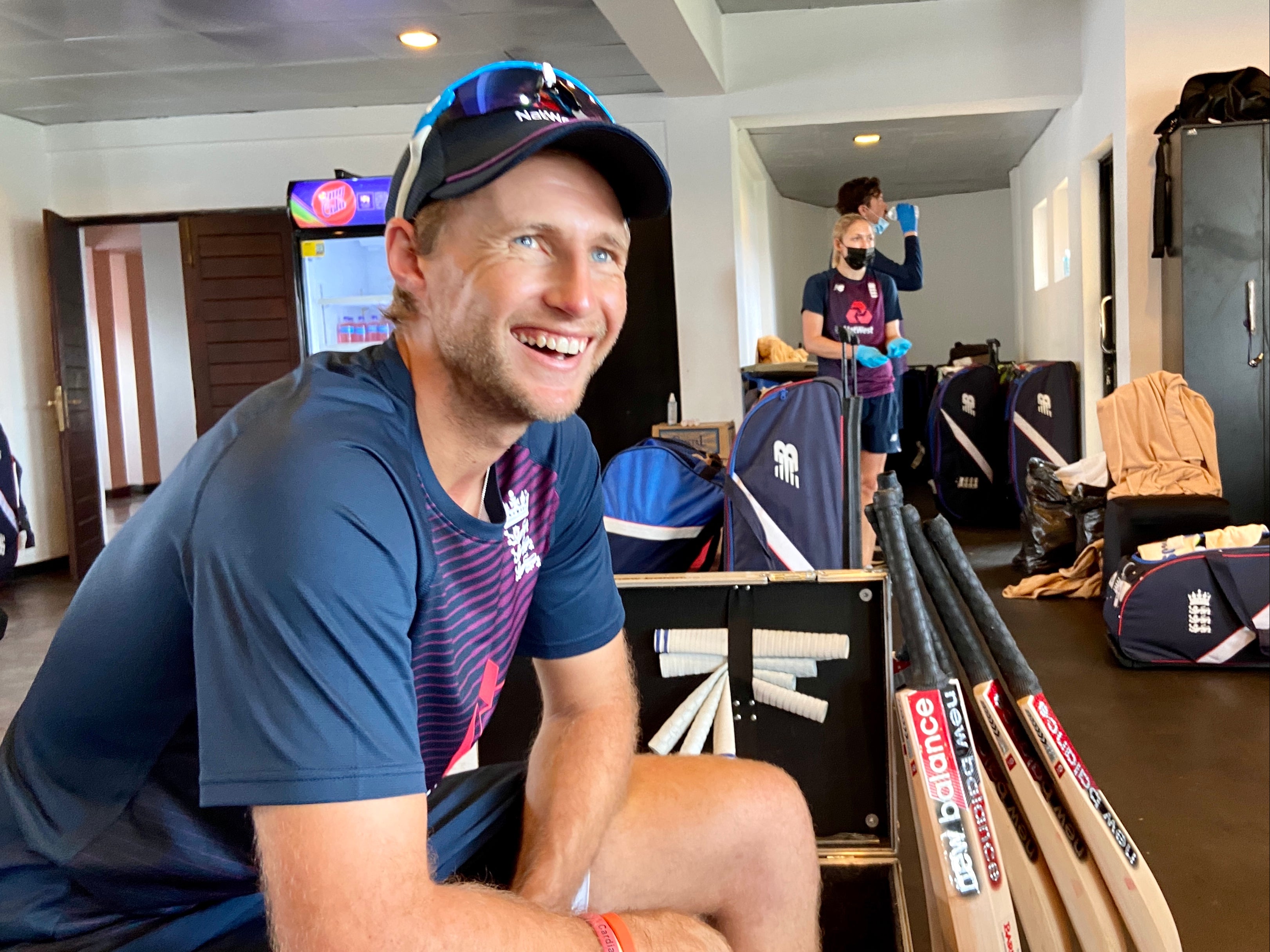 Joe Root is all smiles in England’s dressing room