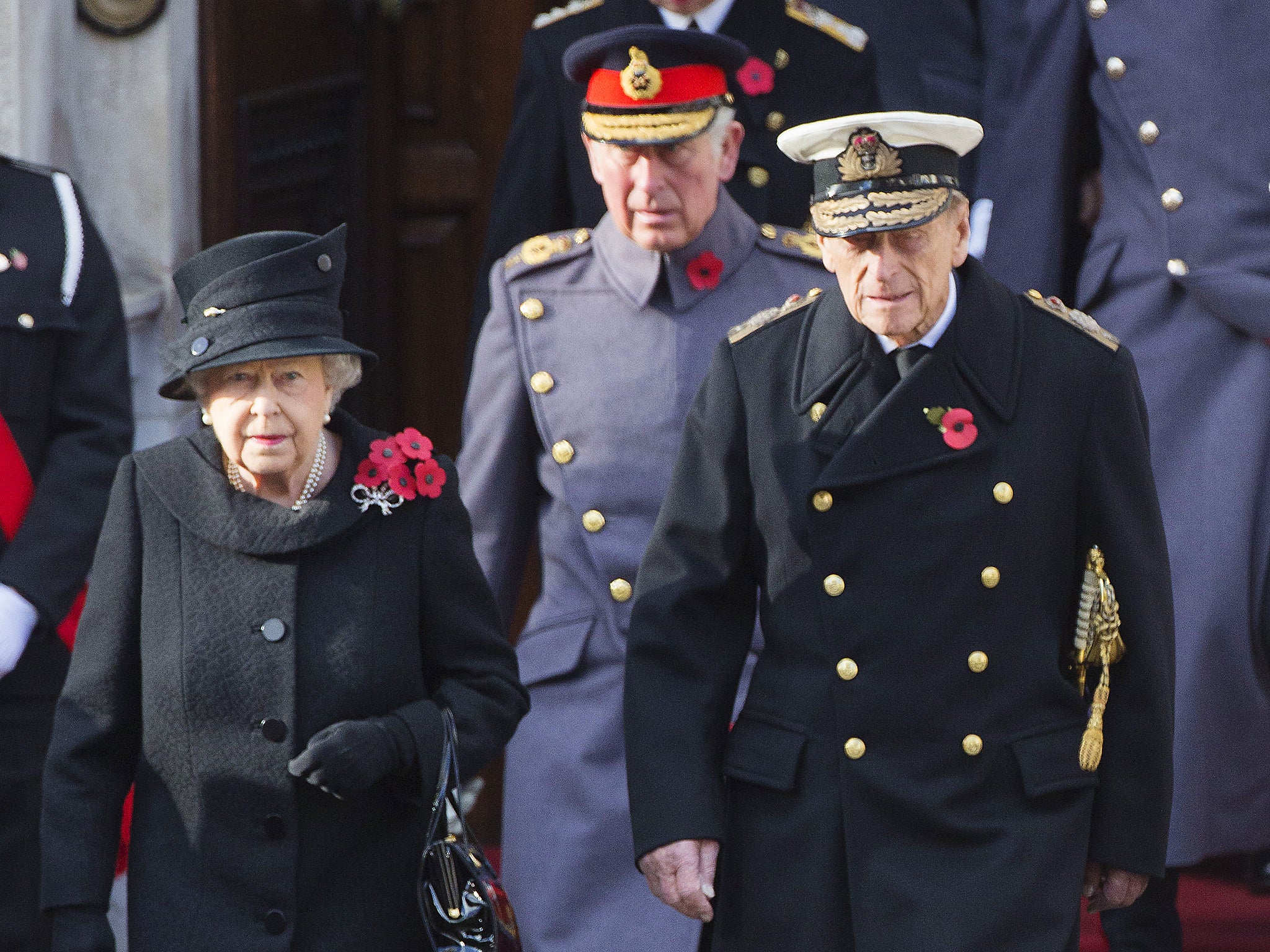 Queen Elizabeth II, the then Prince Charles and Prince Philip at the Remembrance Sunday service at the Cenotaph in 2016