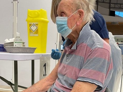 Harold Millington, 91, who has become the first person to be vaccinated at Derby Arena on 7 January