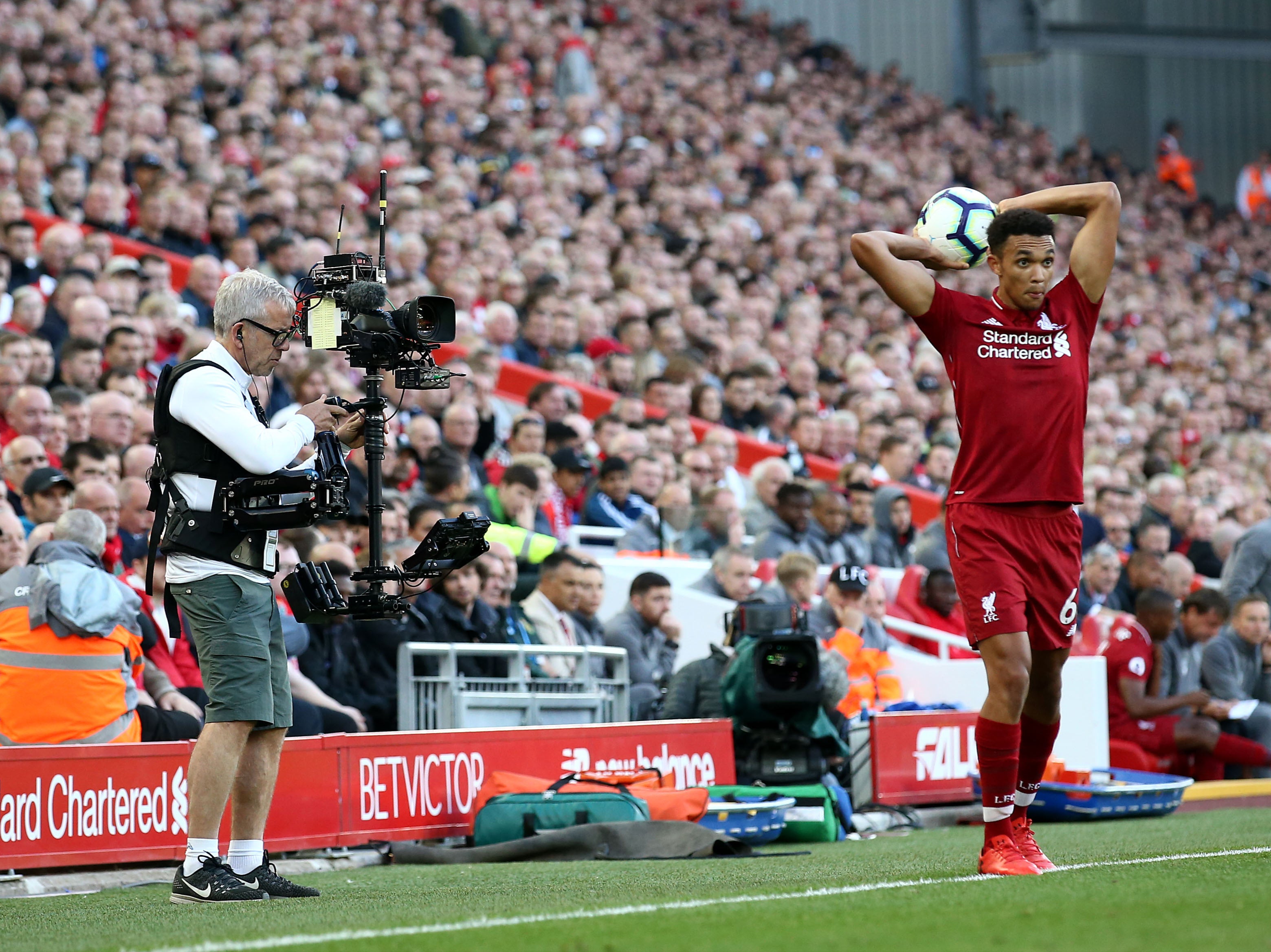 A TV camera films Liverpool’s Trent Alexander-Arnold