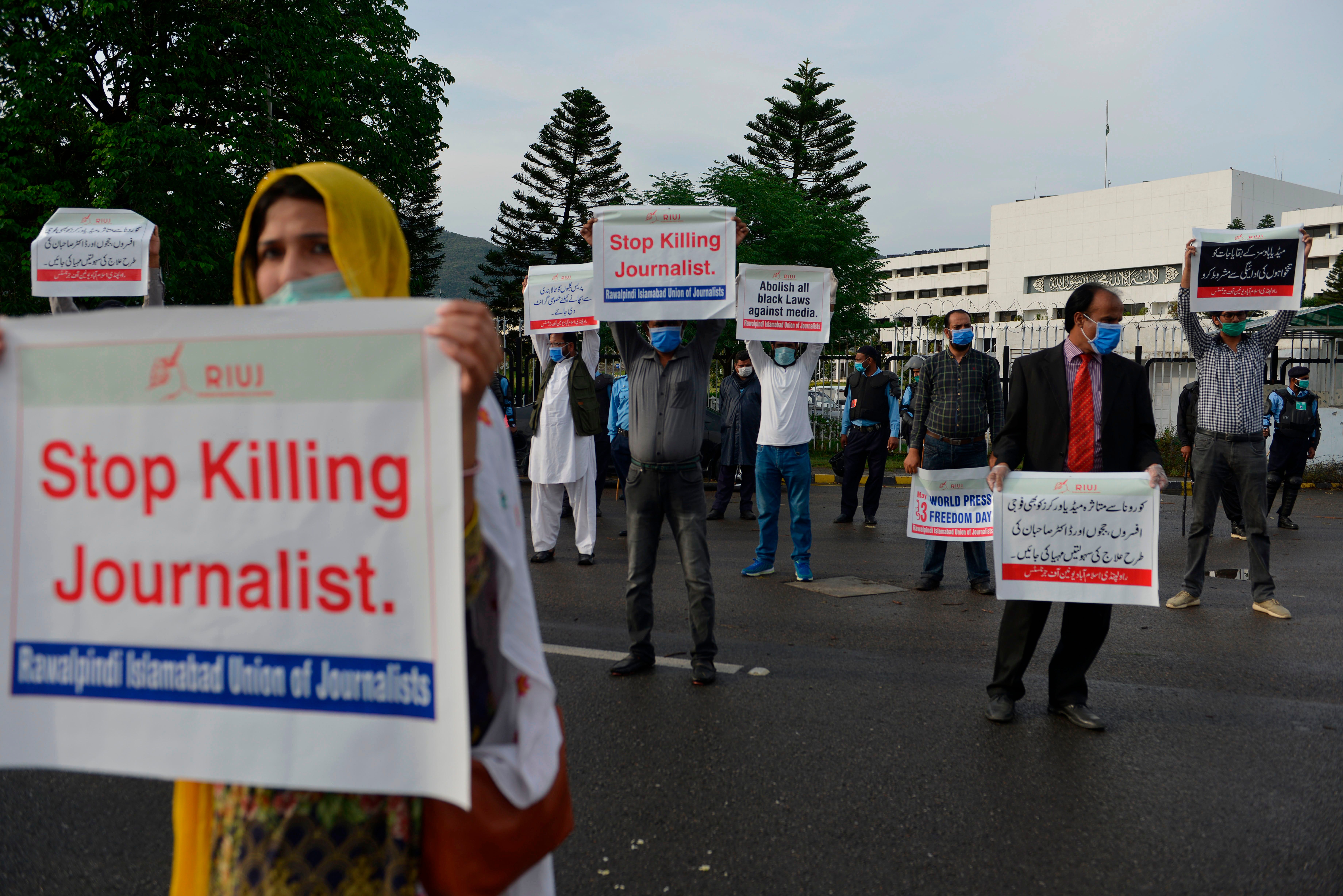 Journalists protest against assaults on the press during the coronavirus lockdown in Pakistan. The country has slipped three places in the World Press Freedom Index