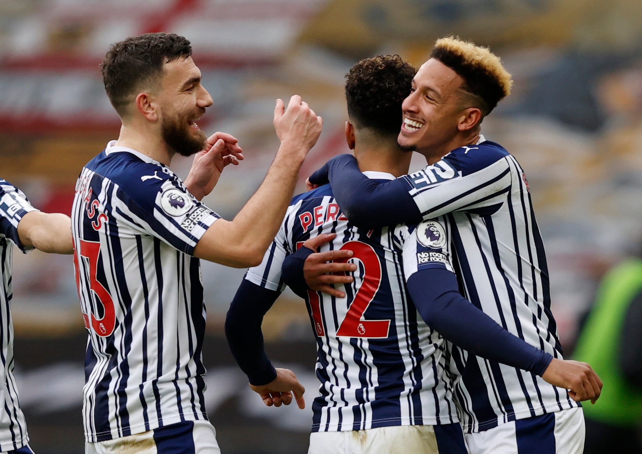 West Brom celebrate their third goal scored by Matheus Pereira