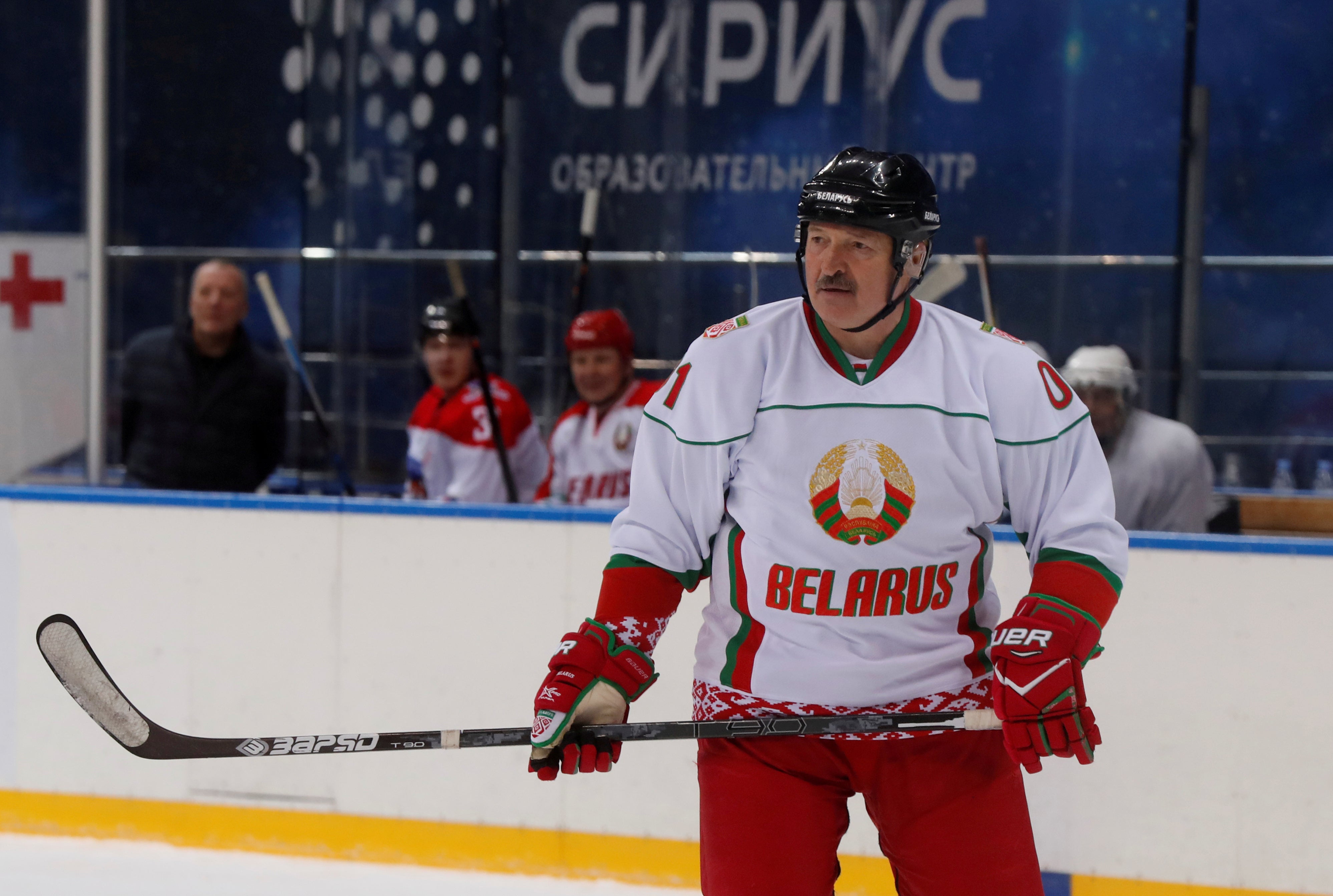 Belarusian President Alexander Lukashenko plays ice hockey at Shayba Arena in the Black Sea resort of Sochi, Russia February 15, 2019