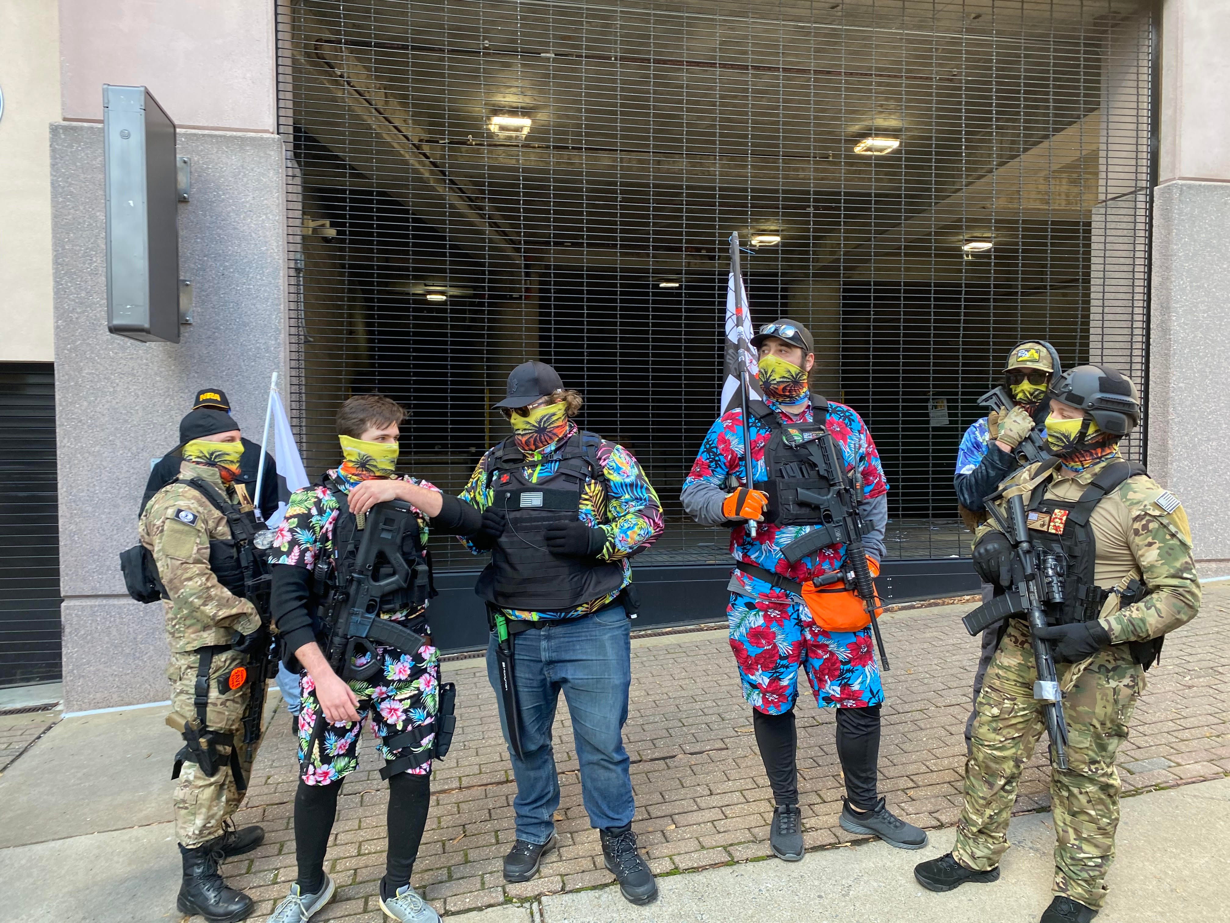 A group of Boogaloo Boys gathers outside the state capitol building in Richmond, Virginia, for a gun rights rally.&nbsp;