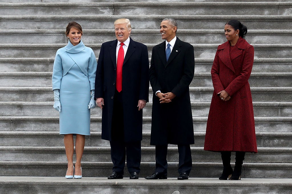 Donald and Melania Trump on the day of his first inauguration, January 20 2017, with their outgoing predecessors, Barack and Michelle Obama