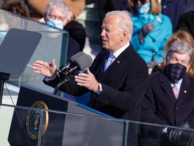 <p>US President Joe Biden delivers his inaugural address on the West Front of the Capitol on 20 January 2021 in Washington, DC</p>