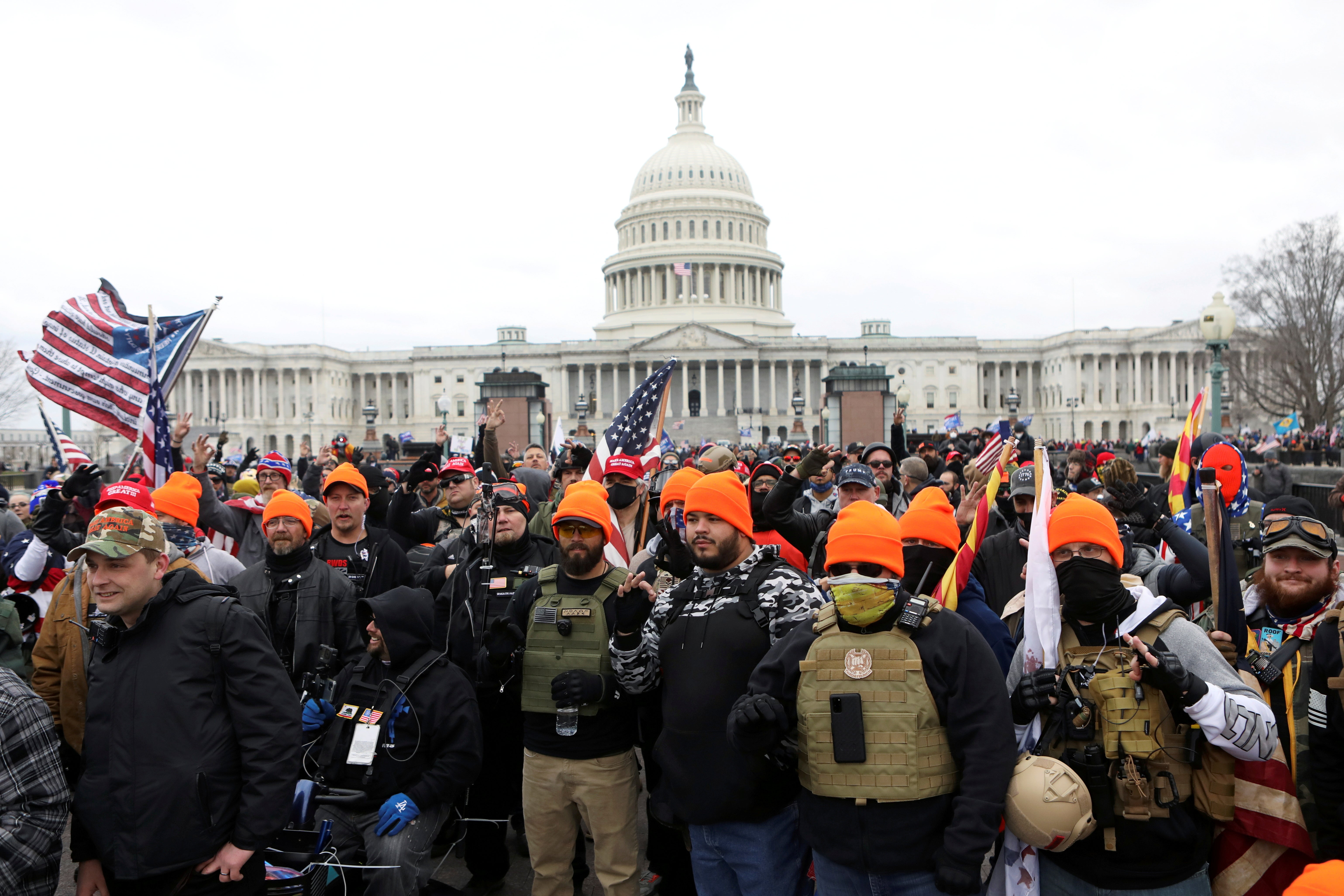 Members of the far-right group Proud Boys gather in front of the US Capitol building