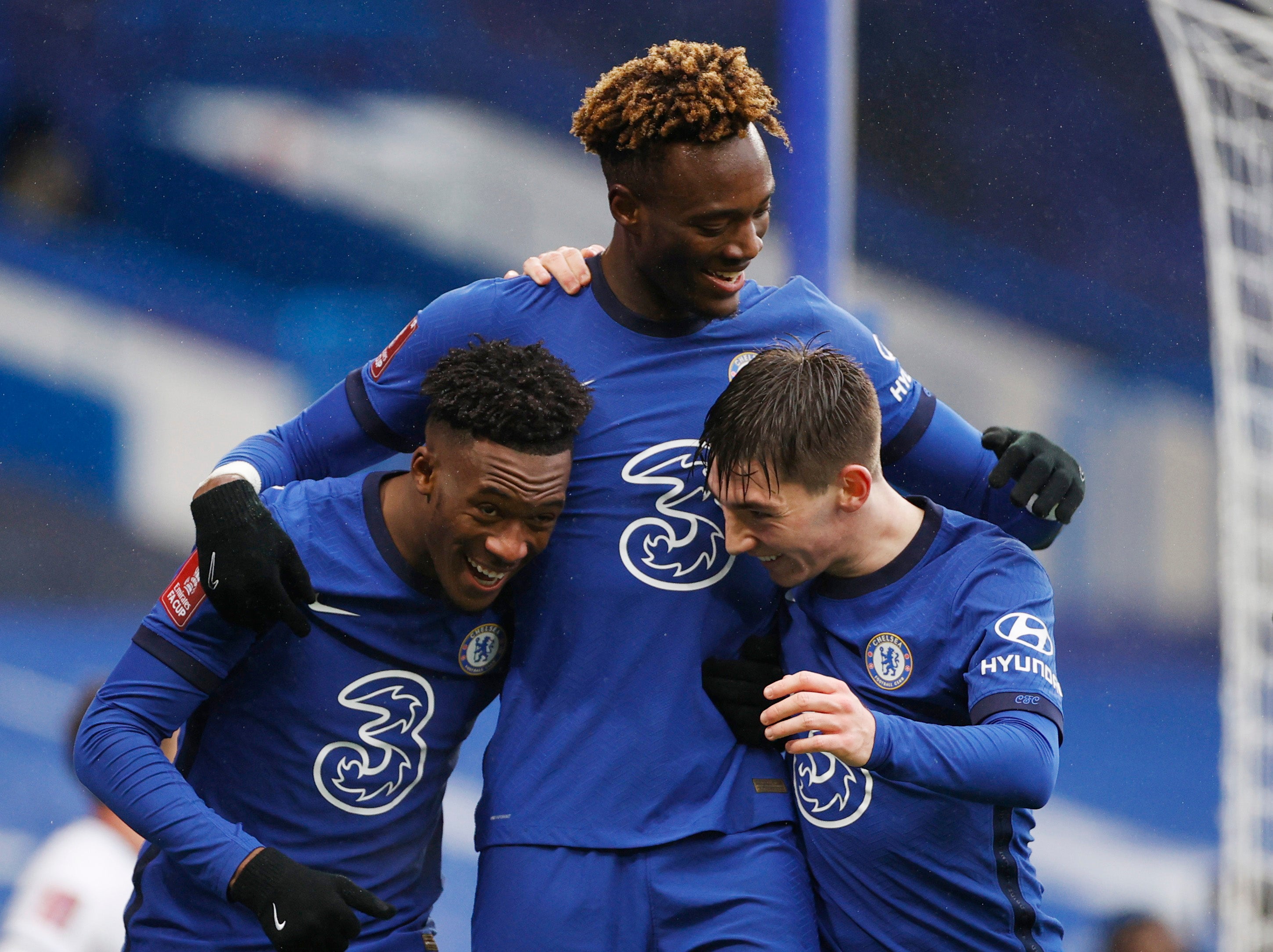 Tammy Abraham, centre, celebrates with his teammates