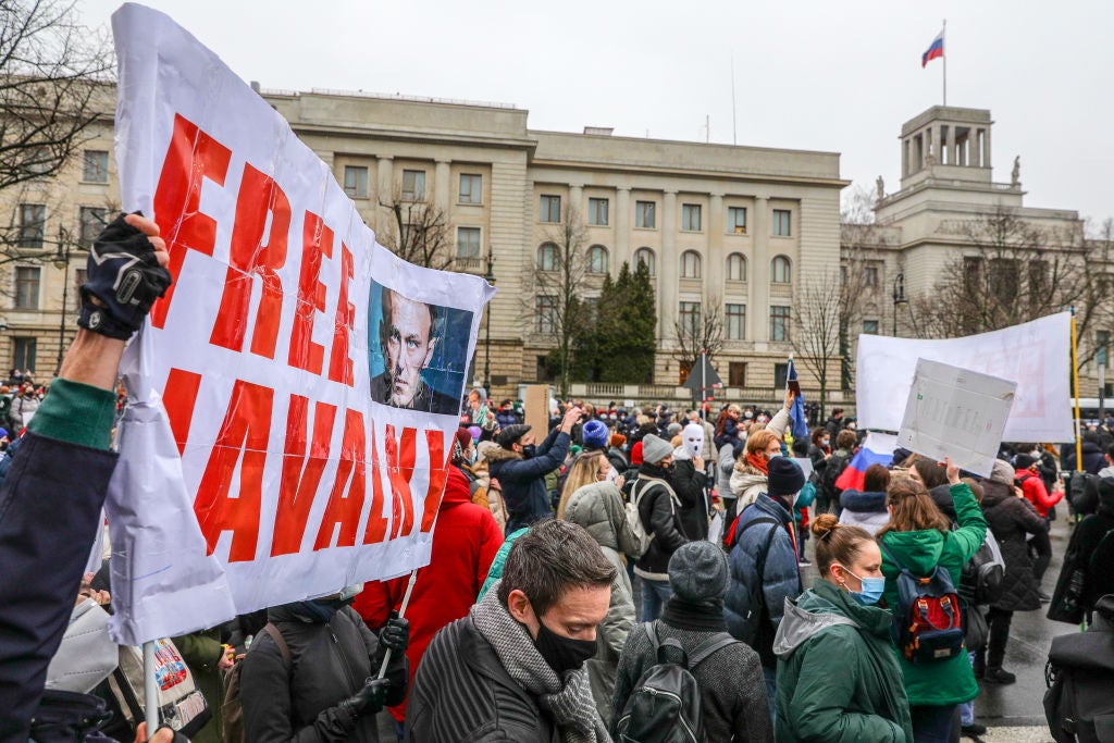 Supporters of Alexei Navalny march in protest to demand his release from prison