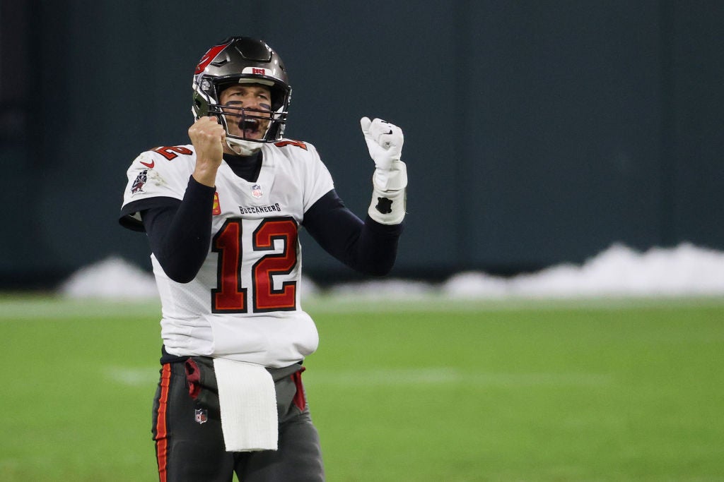 Tom Brady of the Tampa Bay Buccaneers celebrates victory over the Green Bay Packers