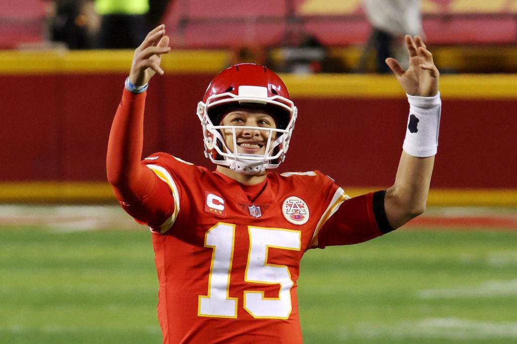 Patrick Mahomes of the Kansas City Chiefs celebrates against the Buffalo Bills