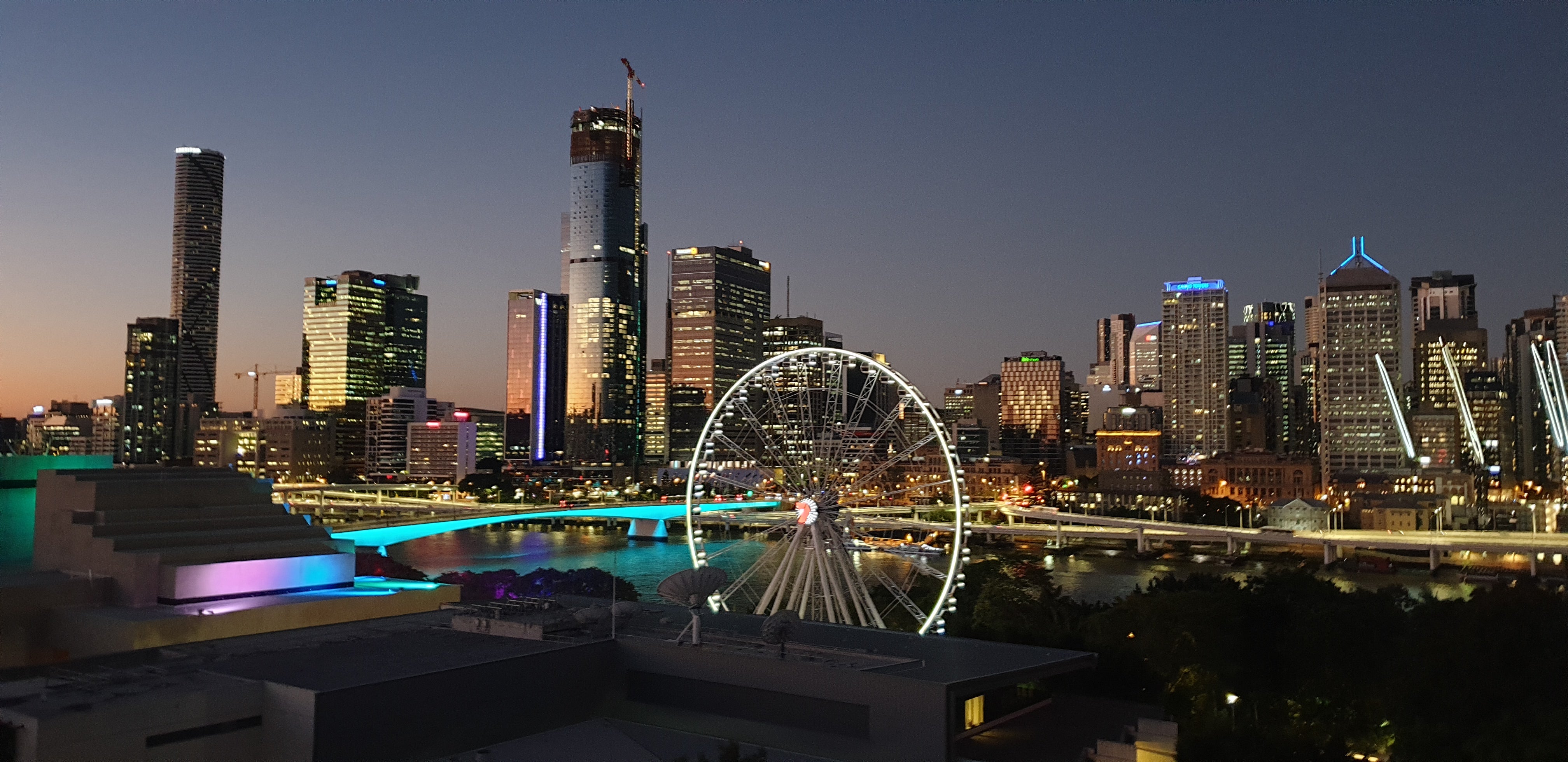 The bright lights of Brisbane seen from the hotel balcony