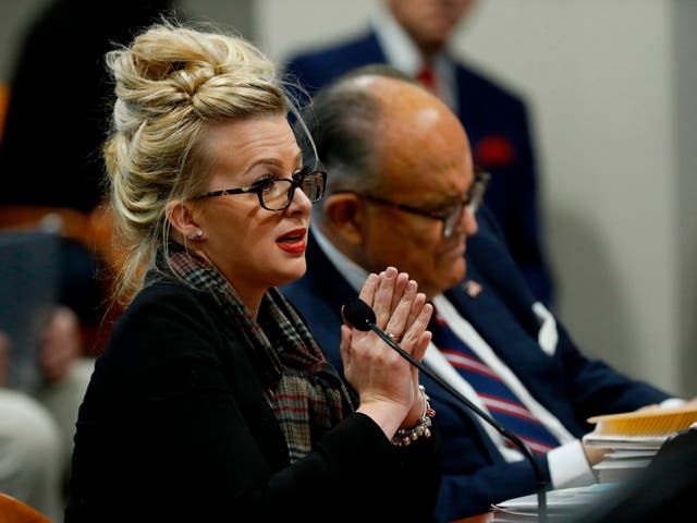 <p>Melissa Carone, who was working for Dominion Voting Services, speaks in front of the Michigan House Oversight Committee in Lansing, Michigan on 2 December 2020</p>