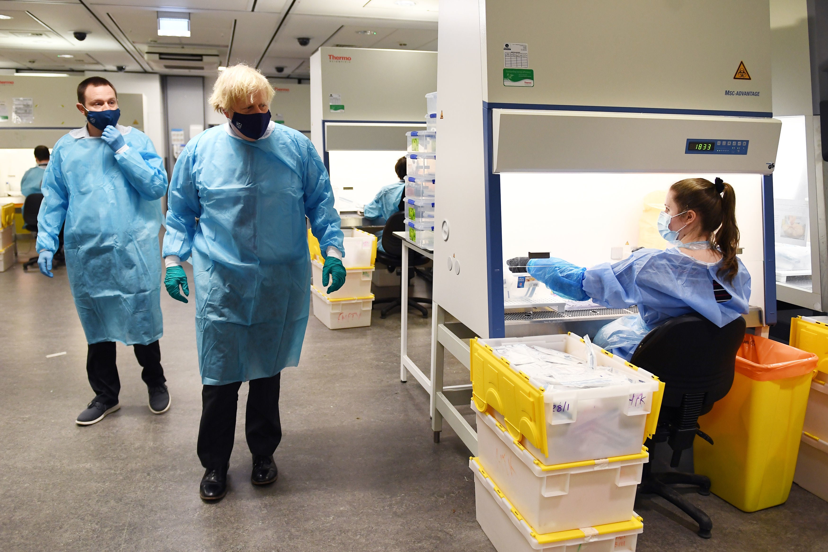 Prime minister Boris Johnson visiting a Lighthouse laboratory at the Queen Elizabeth University Hospital campus in Glasgow in 2021