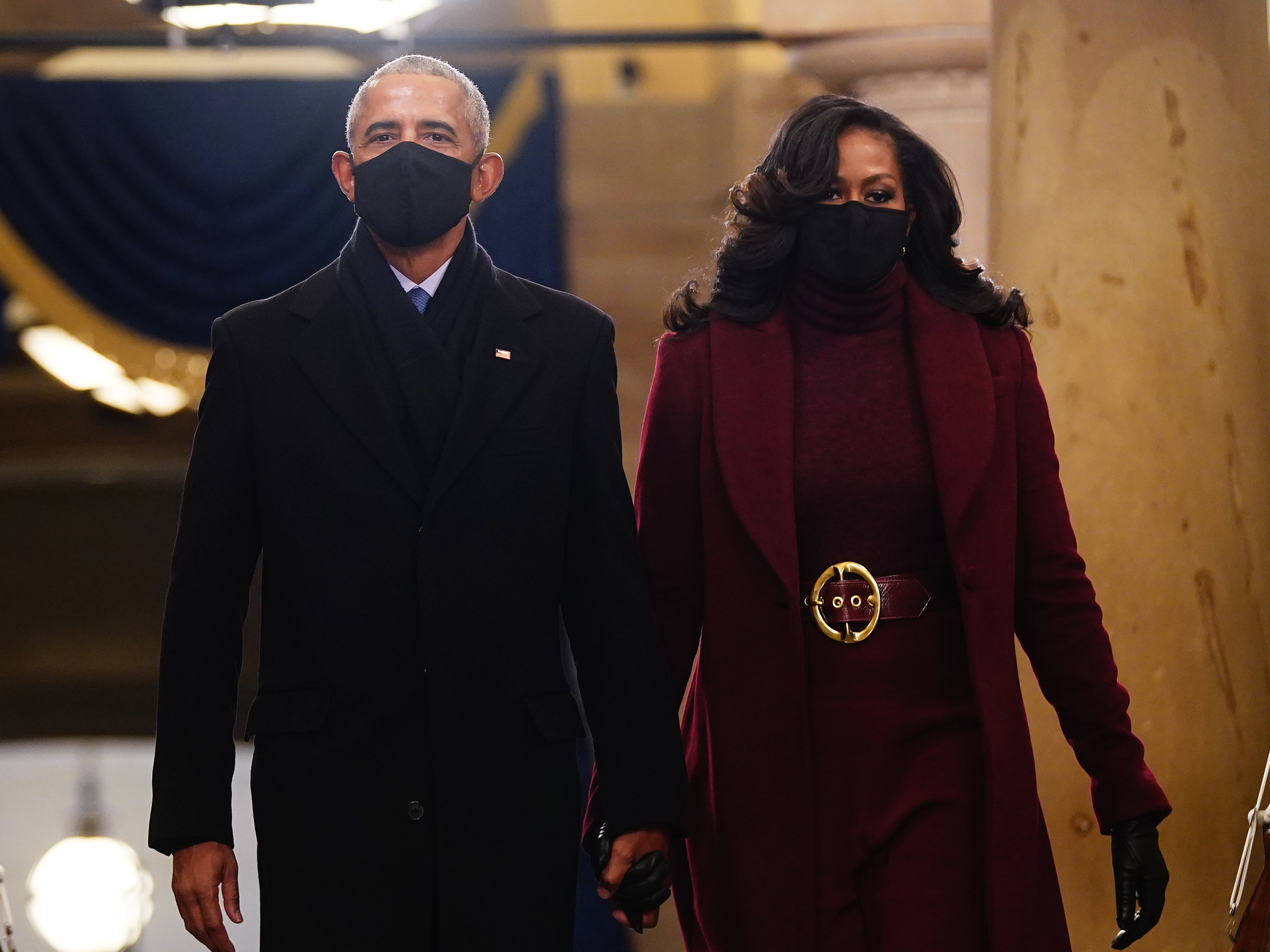 Barack and Michelle Obama arrive in the Crypt of the US Capitol for Joe Biden’s inauguration ceremony on 20 January 2021