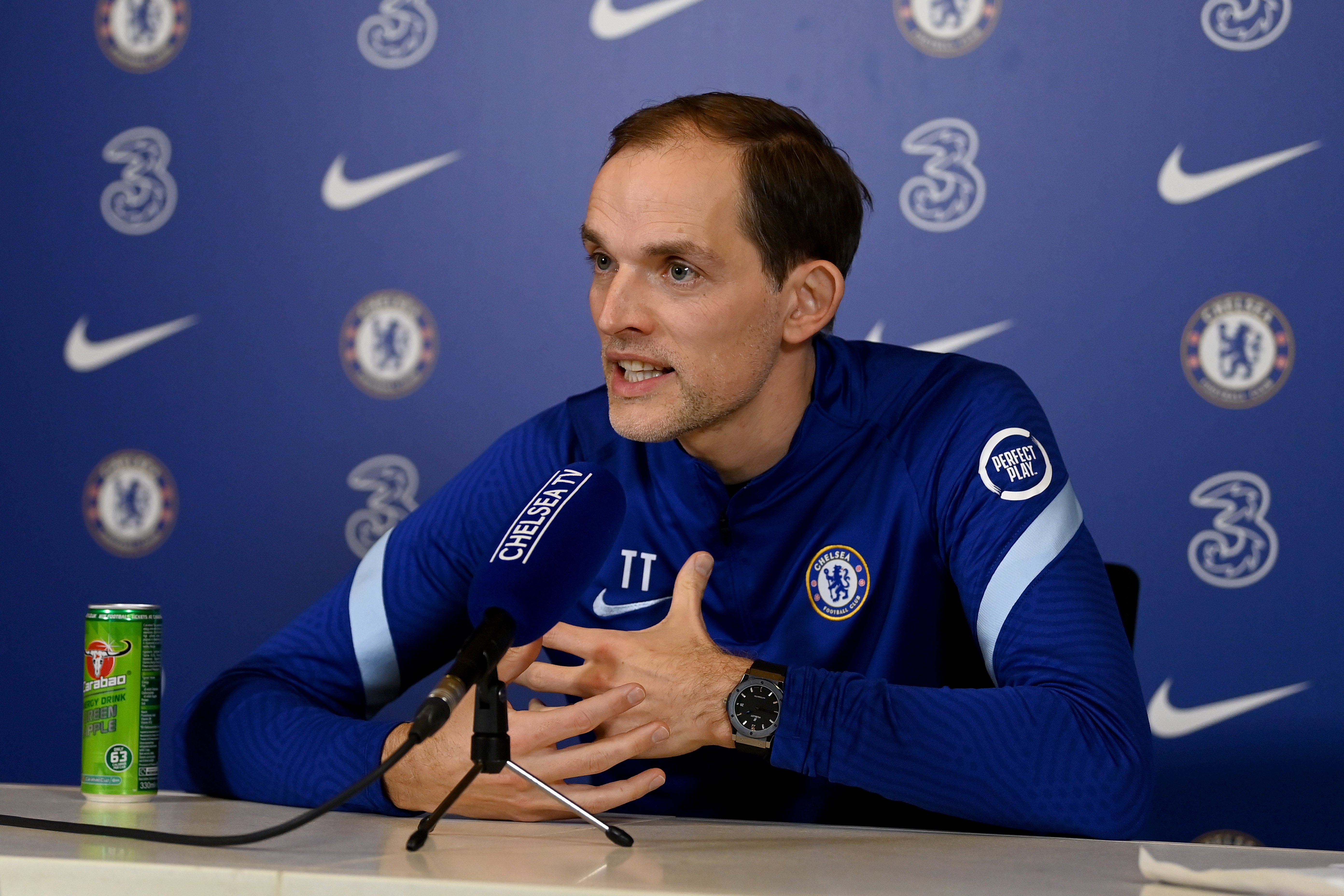 Thomas Tuchel speaking during th press conference