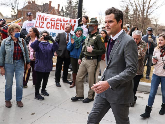 <p>Matt Gaetz (R-FL) walks up to speak to a crowd during a rally against Rep. Liz Cheney (R-WY) on 28 January 2021 in Cheyenne, Wyoming</p>