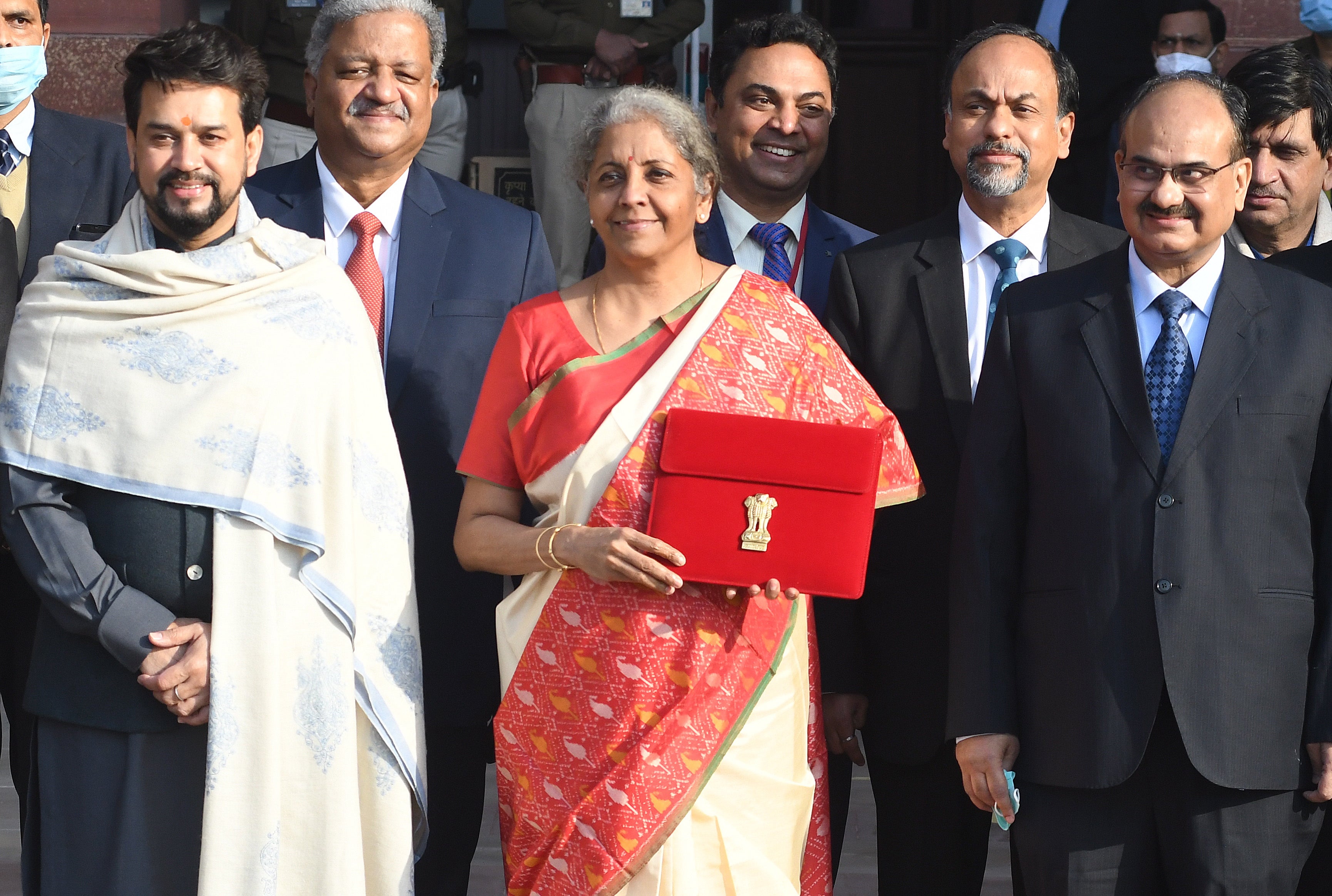 Indian finance minister arrives with a red tablet in parliament, for the first time presenting a paperless budget &nbsp;