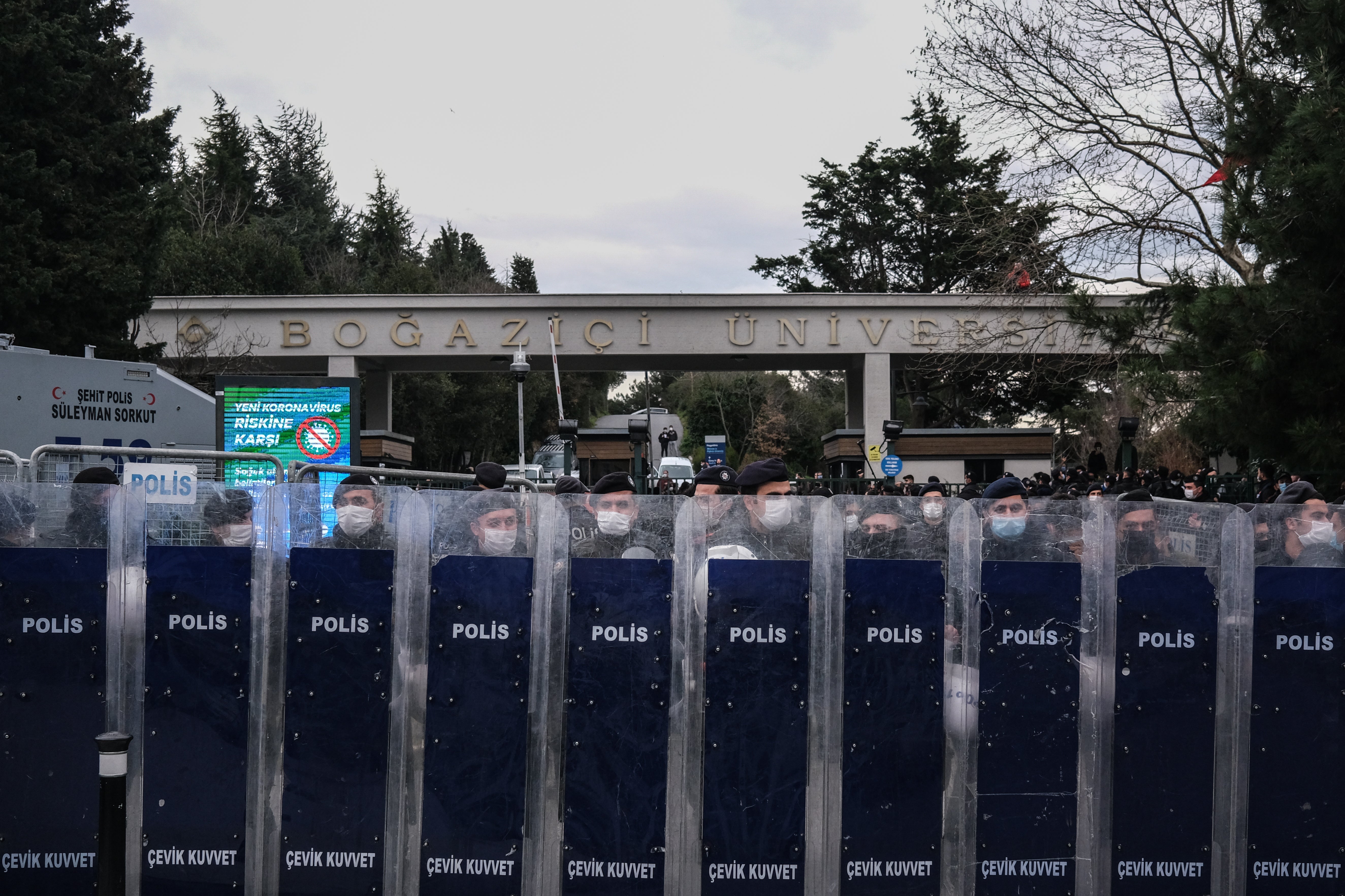 Riot police stand guard in front of Bogazici University in Istanbul