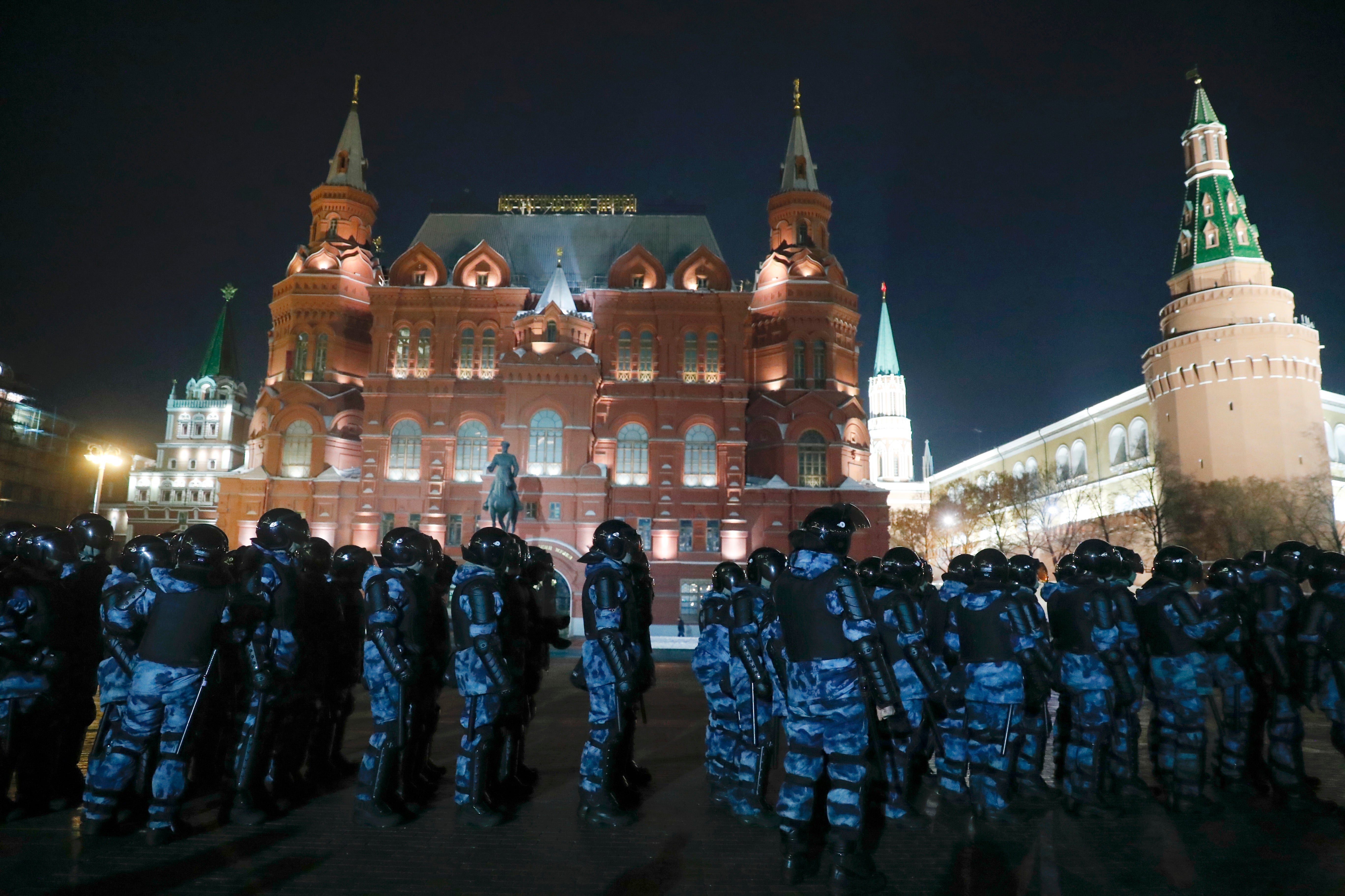 The Russian National Guard gather at Red Square to prevent a protest rally following Alexei Navalny’s court appearance