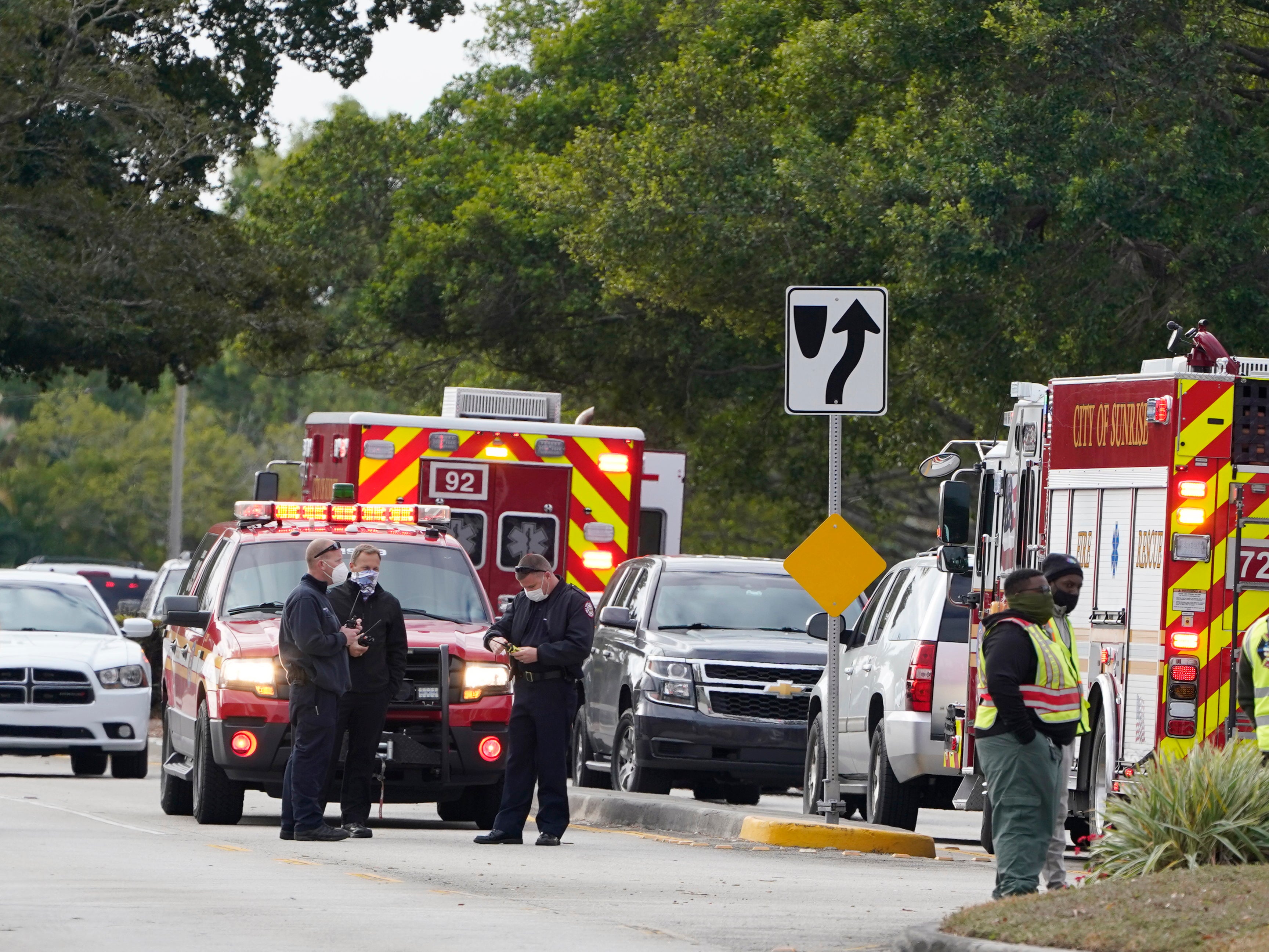 Law enforcement officers block an area where a shooting wounded several FBI while serving an arrest warrant on Tuesday 2 February, 2021