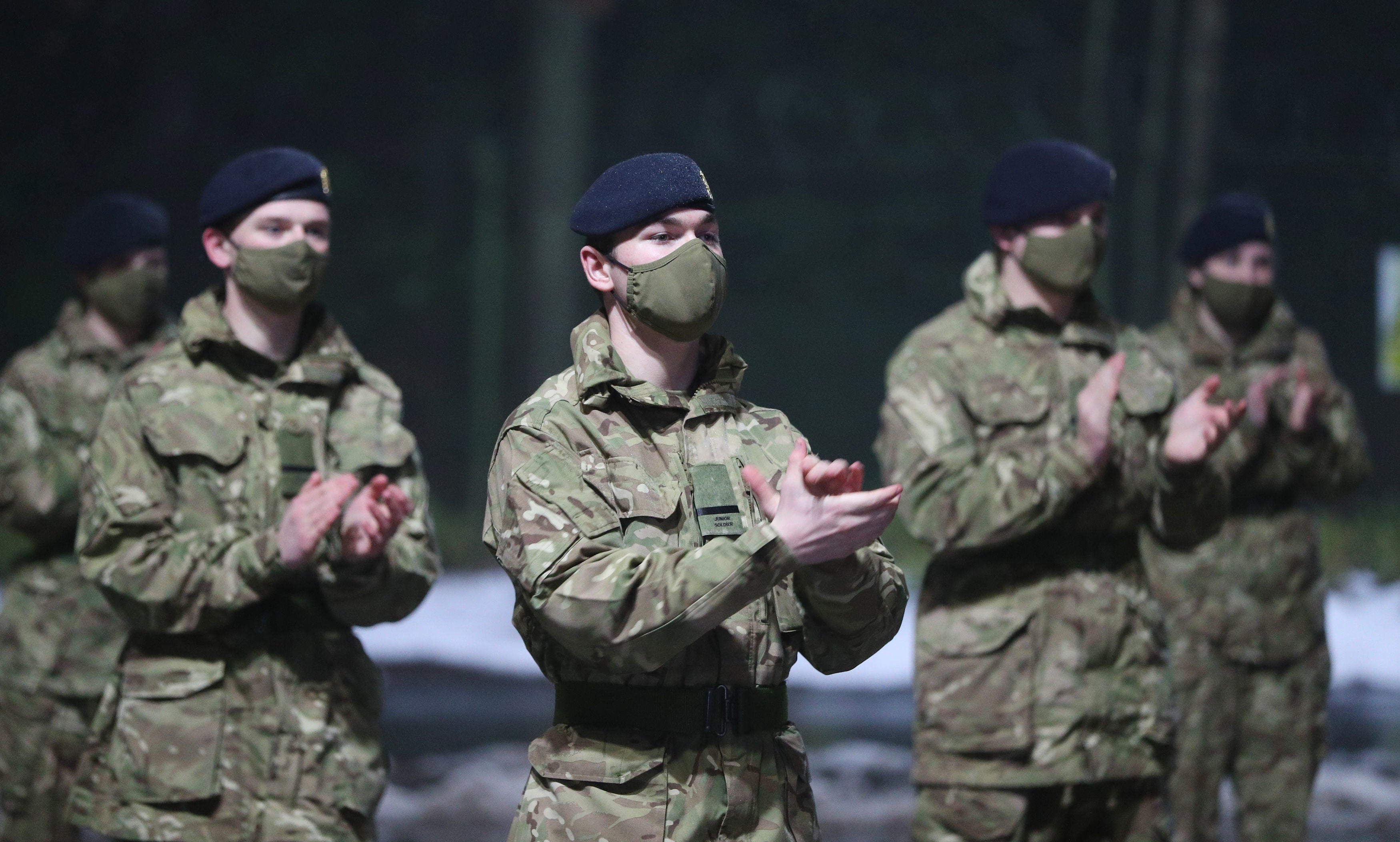 Junior soldiers at the Army Foundation College in Harrogate, North Yorkshire, joining in with a nationwide clap