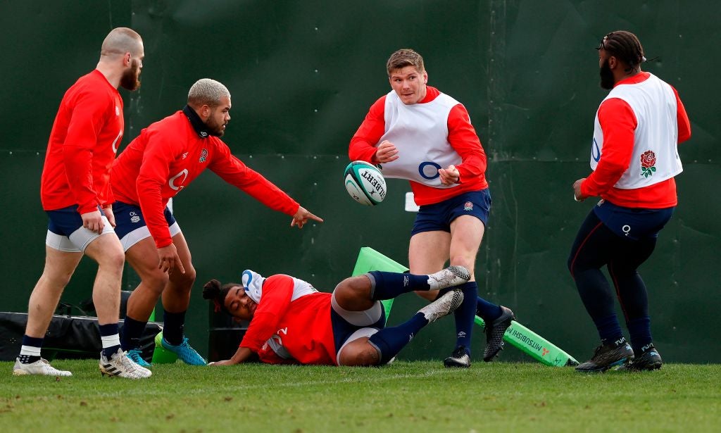 Owen Farrell releases the ball during an England team training session at The Lensbury in Teddington