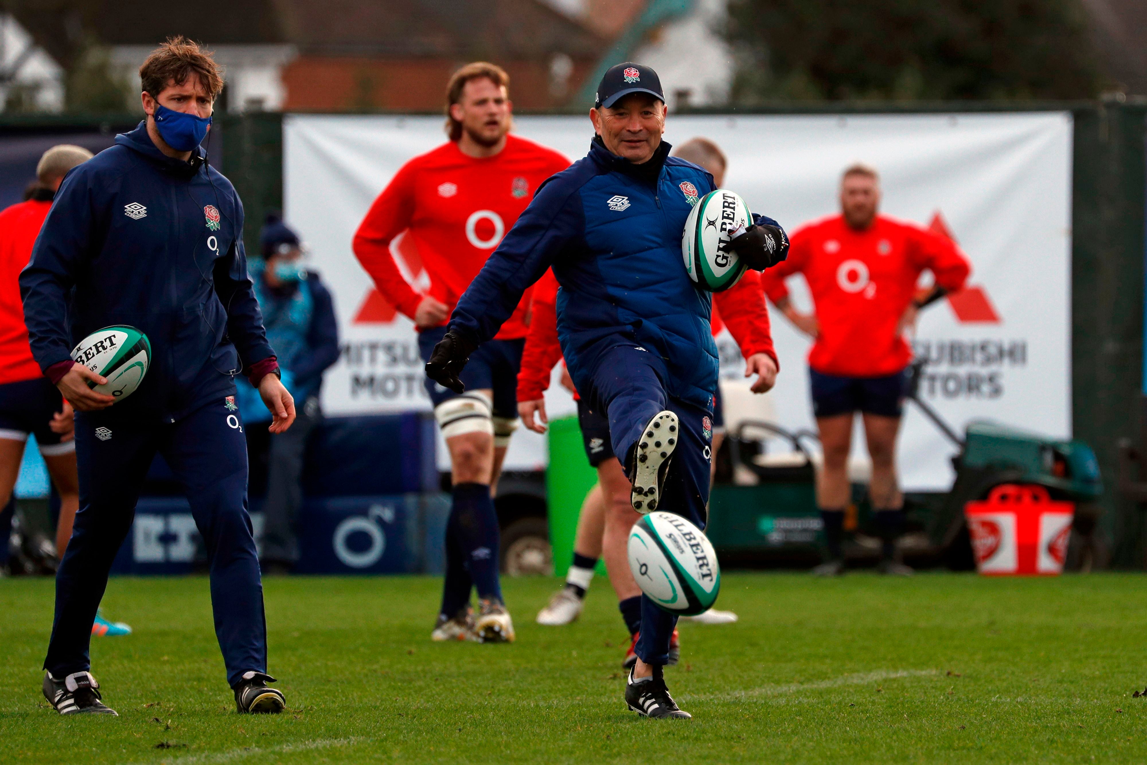 England head coach Eddie Jones leads training