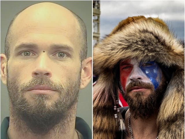 <p>Jacob Anthony Chansley in police custody (right) and at the Capitol riots on 6 January (left)</p>