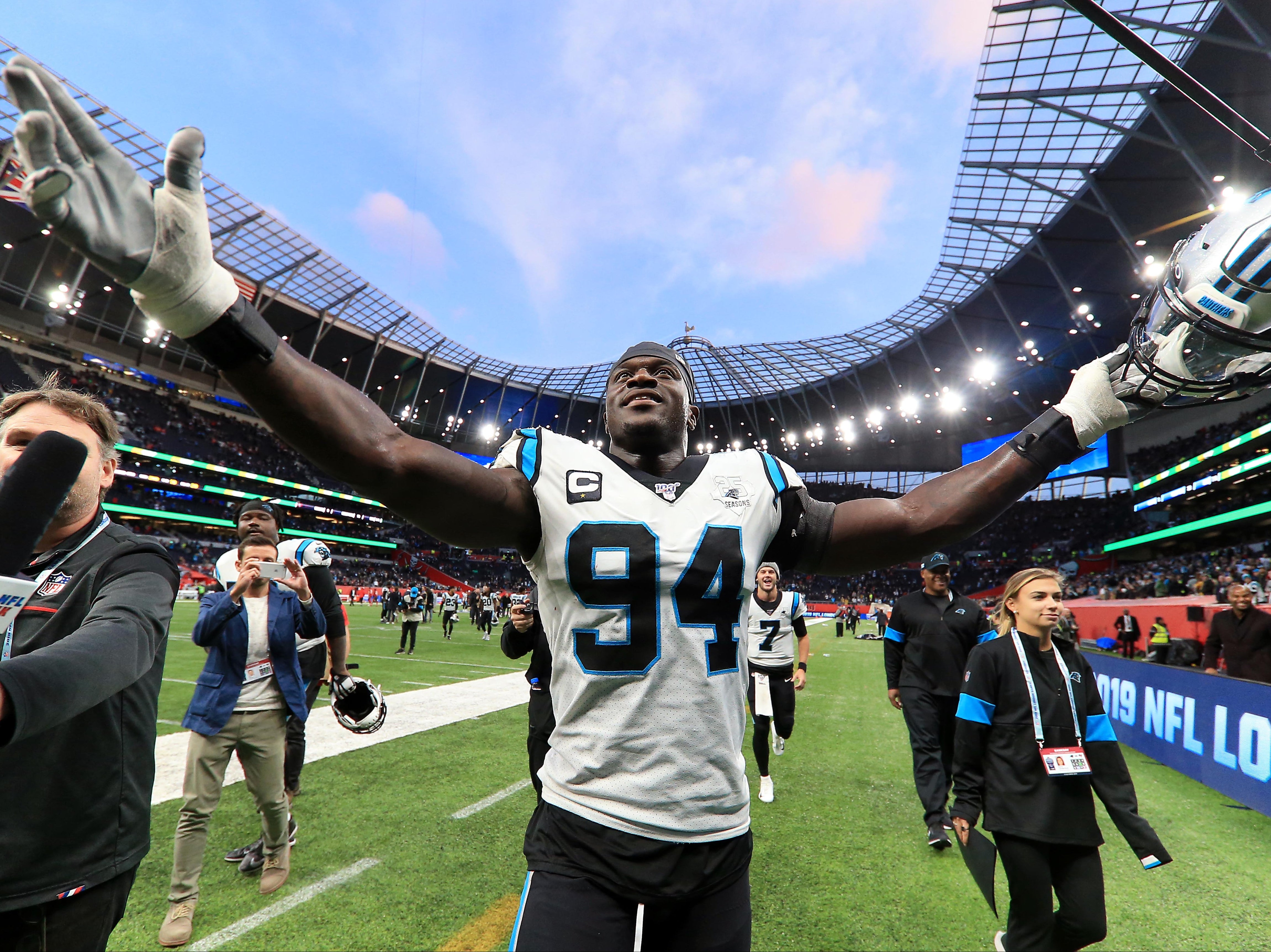 Efe Obada of the Carolina Panthers at Tottenham Hotspur Stadium