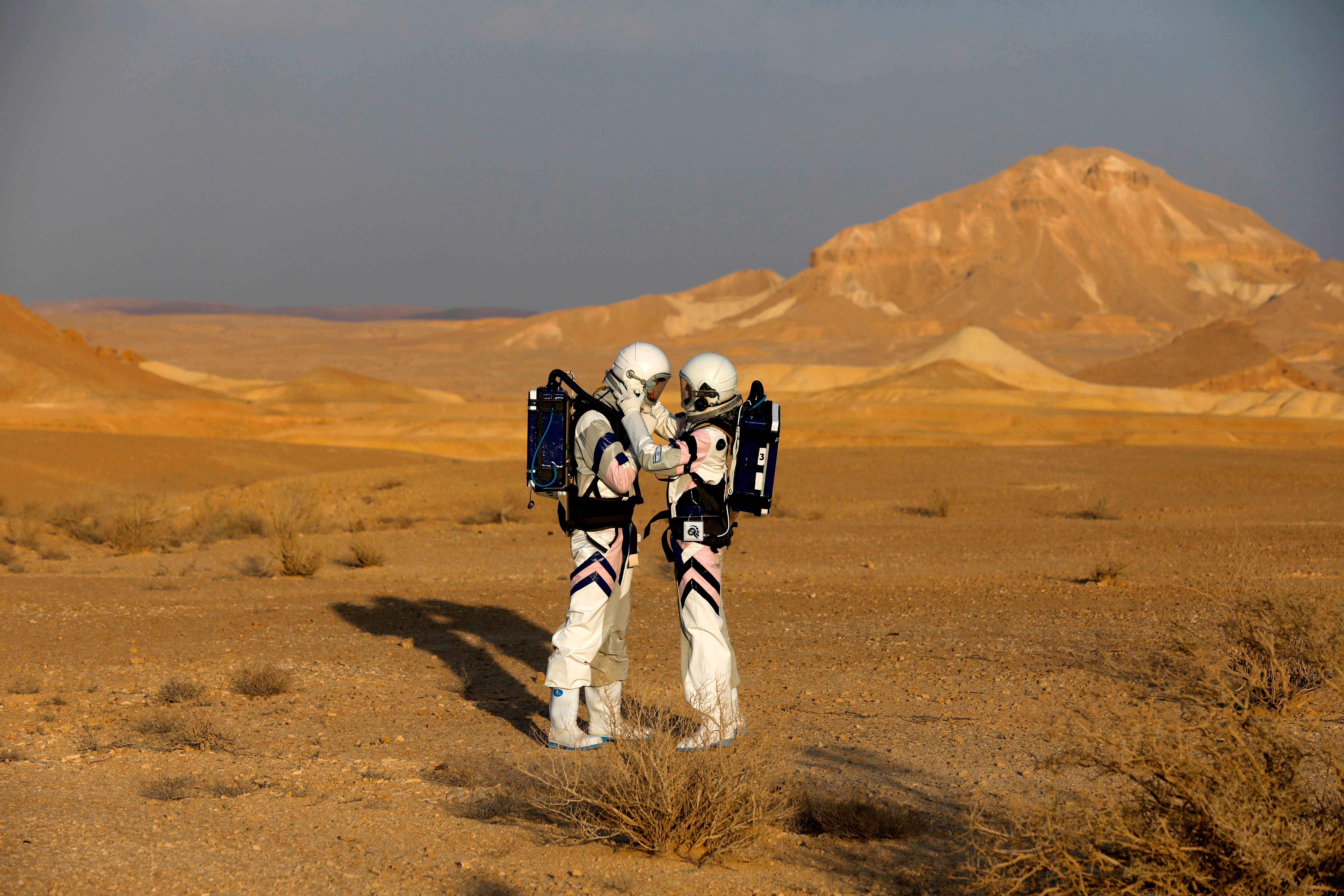 Israeli astronauts starting their mission on the D-Mars Project, which simulates life on the planet by performing experiments and living in a station in the Negev desert