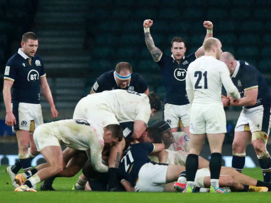 Stuart Hogg reacts during the victory